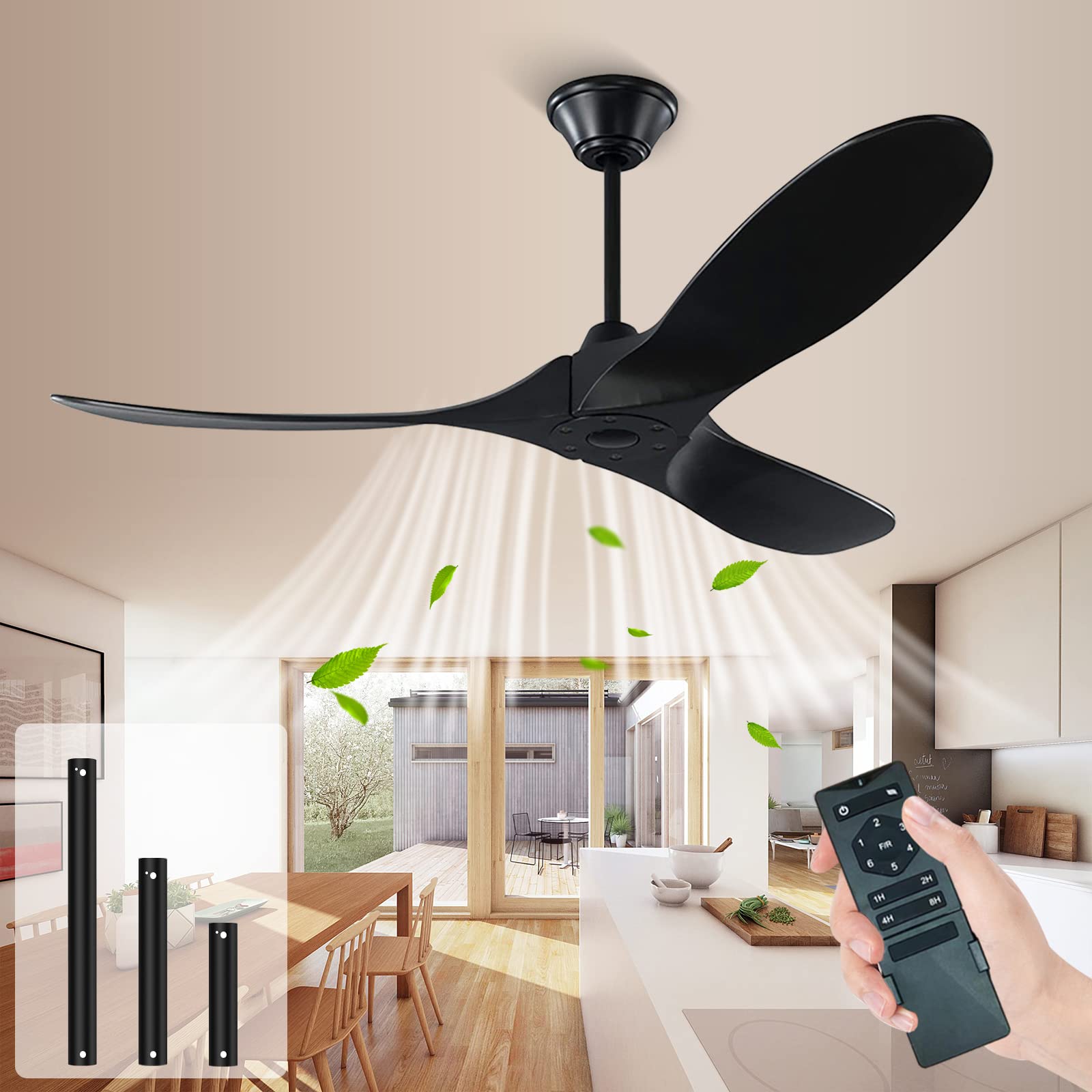 60 Inch Black Ceiling Fan with Remote Control - 3 Blade Outdoor Ceiling Fan, No Light, 6 Speed Reversible DC Motor - Perfect for Patio, Living Room, Bedroom, Farmhouse & More - Durable Weatherproof Design for Indoor/Outdoor Use