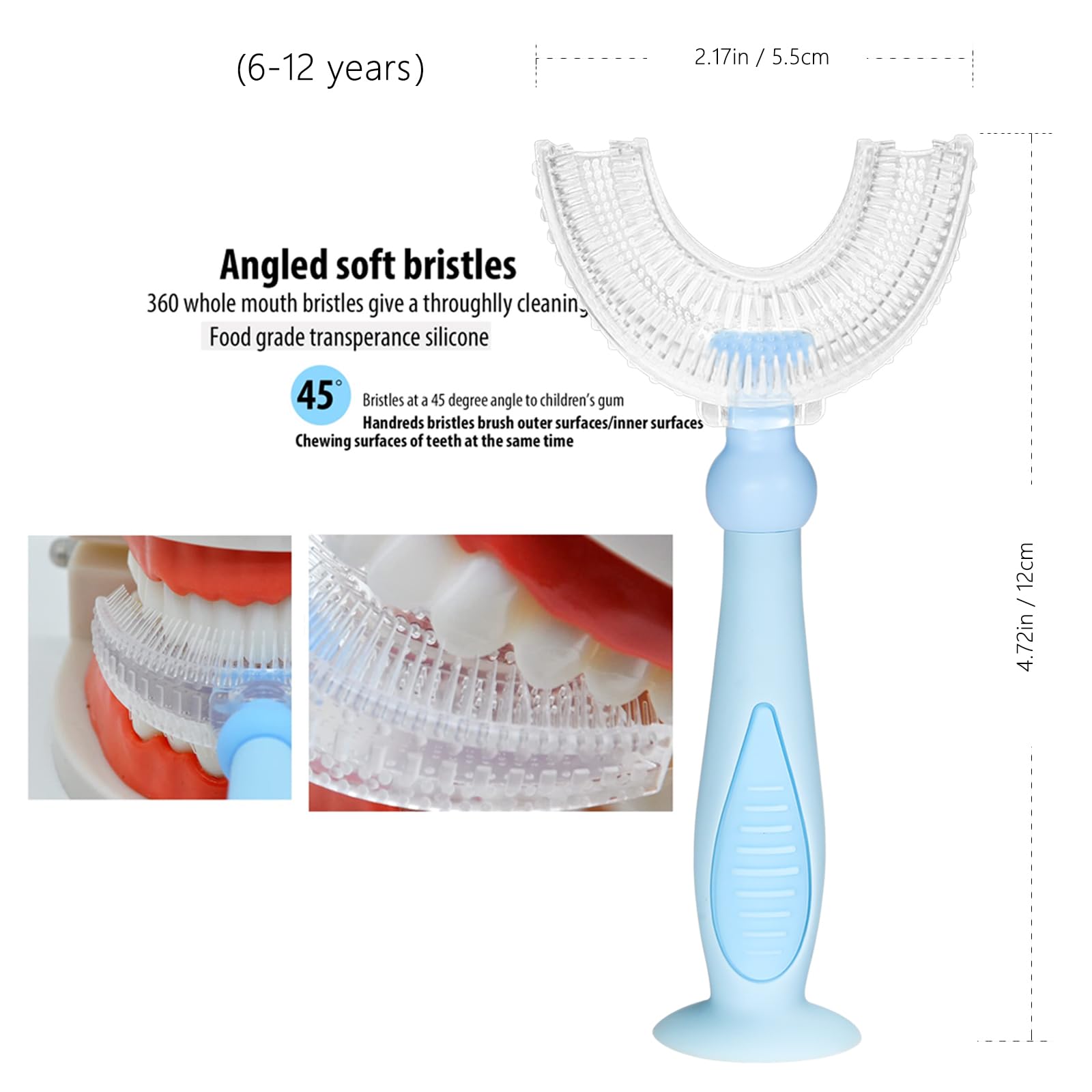 Kids U-Shaped Toothbrush - Soft Silicone Heads 3-Pack for Ages 6-12 | Easy Whole Mouth Cleaning at Home & Travel