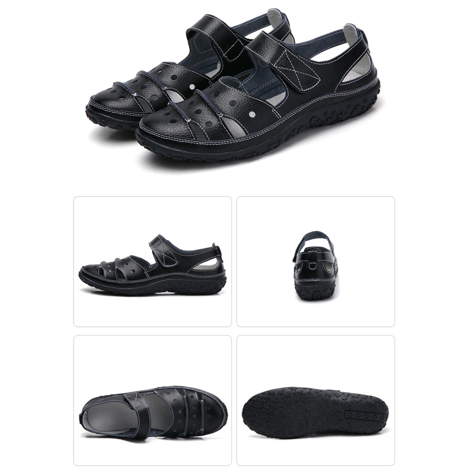 Oiangi Women's Comfortable Wedge Sandals - Summer Casual Hollow Hole Closed Toe Hook & Loop Sandals - Lightweight Non-Slip Ladies Shoes for Outdoor Walking, Beach & Vacation