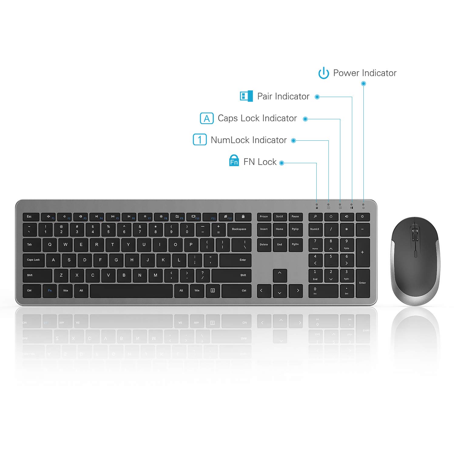 Slim Wireless Keyboard and Mouse Combo with Numeric Keypad - 2.4G Ergonomic Full-Size Keyboard & Adjustable DPI Mouse (Grey/Black) for Office, Home, Gaming & Remote Work