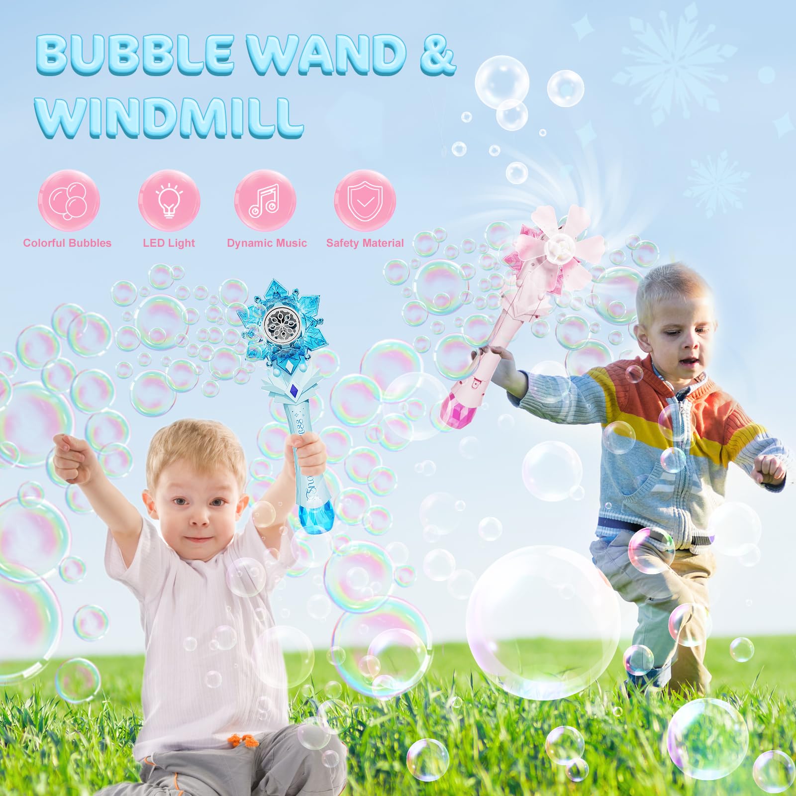 VATOS Automatic Bubble Blower Machine for Kids - 2 Pack Snowflake Bubble Wands with Lights & Music, Includes 2 Windmills & 4 Bottles Bubble Solution - Fun Bubble Toys for Toddlers, Boys, Girls & Adults - Perfect for Birthday Parties, Outdoor Play & Summer Activities