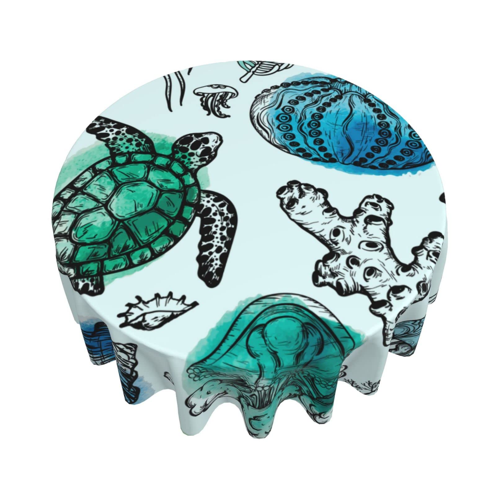 Wozukia 60 Inch Round Watercolor Marine Life Tablecloth - Sea Shells, Turtle, Corals & Jellyfish Ocean Animal Print - Waterproof Dining Table Cover for Indoor Outdoor Picnic, Party, Beach Decor (Perfect for Dining Room, Patio, and Coastal Themed Events)