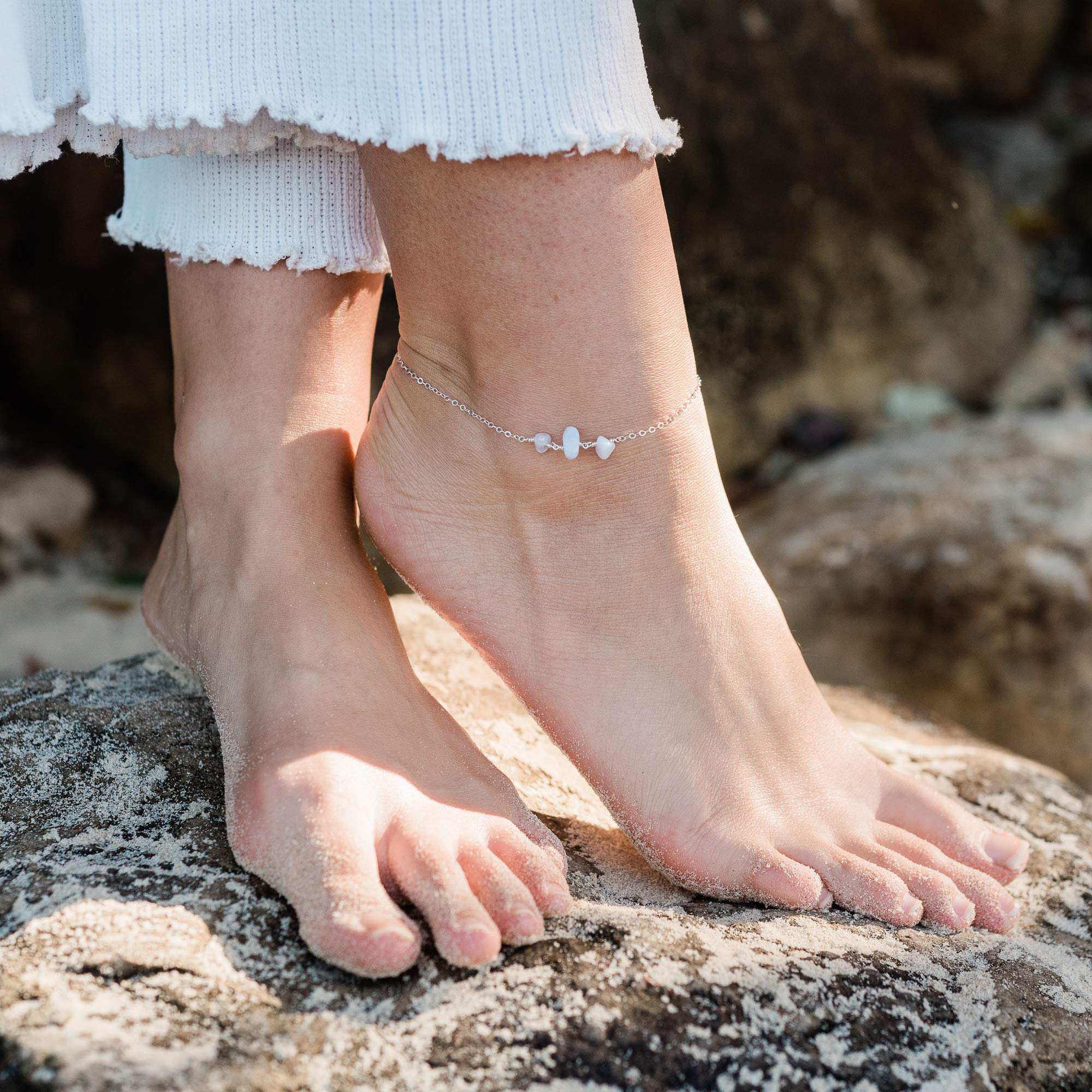 Blue Lace Agate Beaded Sterling Silver Anklet Bracelet - Elegant Boho Jewelry for Women, Perfect for Beach Vacations & Summer Outfits