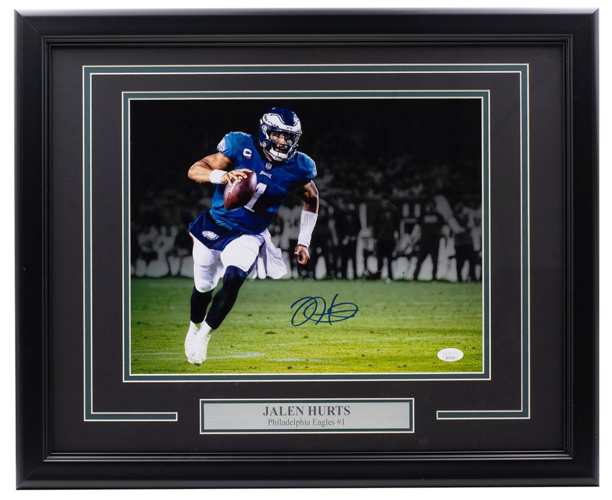 Authentic Jalen Hurts Signed Framed Philadelphia Eagles 11x14 Football Photo with JSA COA - Perfect for Eagles Fans, Sports Memorabilia Collectors, and Home Office Decor
