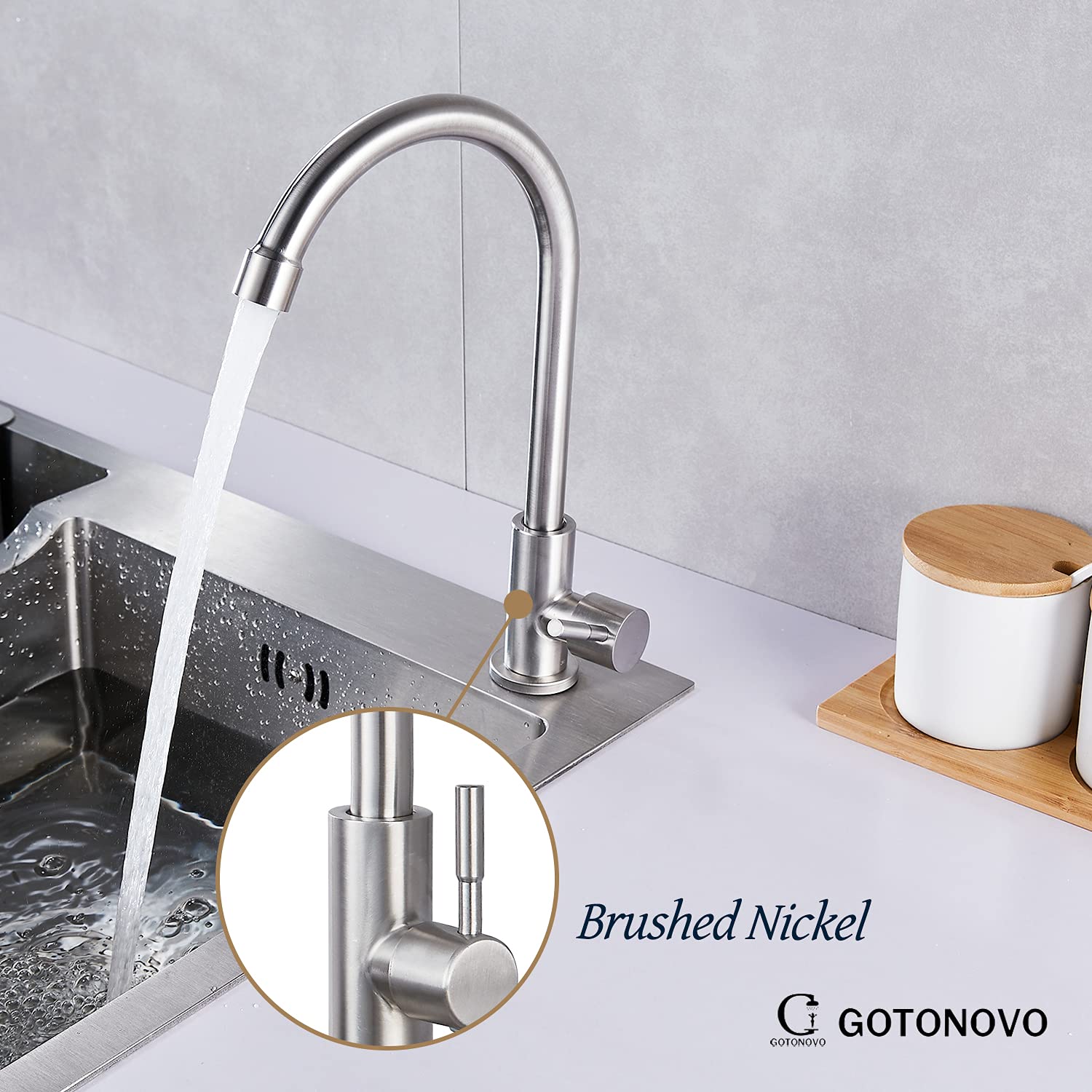 Gotonovo Brushed Nickel Stainless Steel Single Handle Cold Water Kitchen Sink Faucet - Rotatable Bar Faucet for Bathroom & Kitchen, Silver Finish - Perfect for Modern Homes & Commercial Spaces