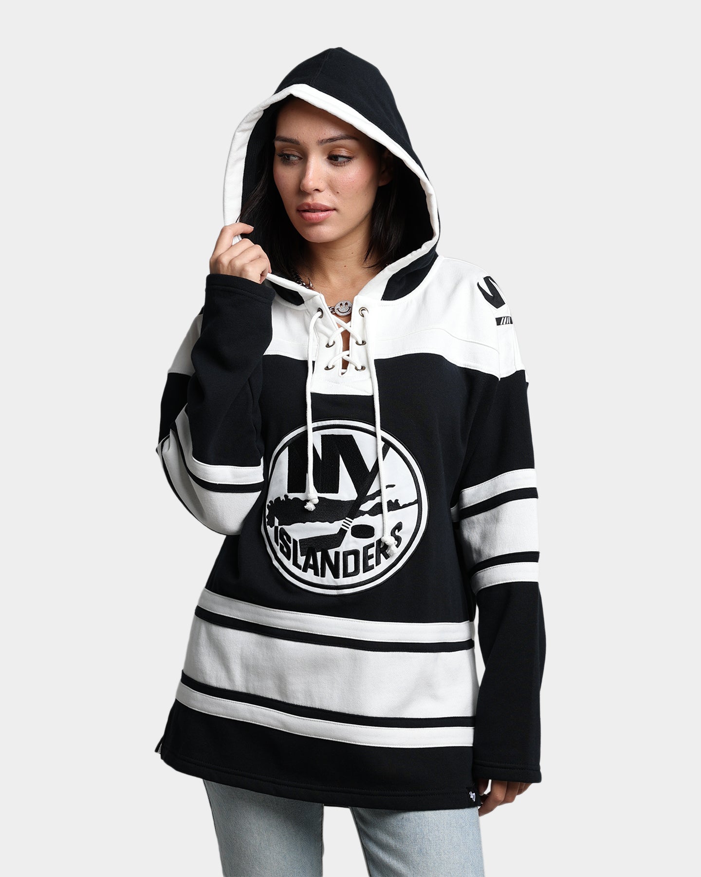 47 Brand New York Islanders Superior Lacer Hoodie - Men's NHL Team Zip-Up Sweatshirt - Jet Black - Perfect for Game Day & Casual Wear