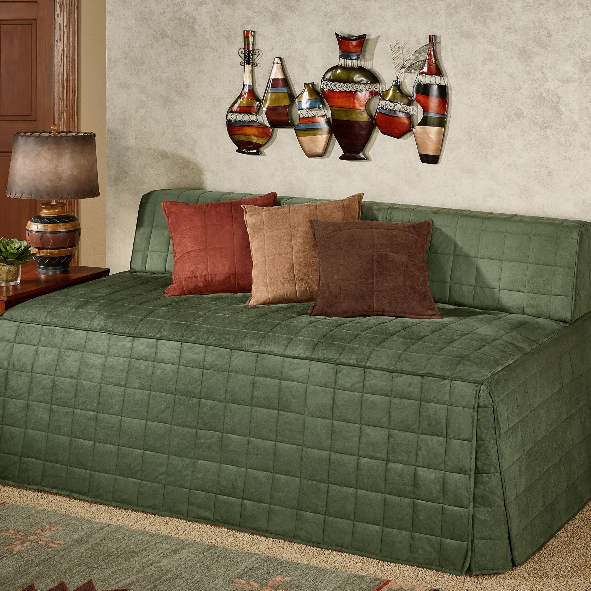 Camden Luxury Bedding Set - Deep Sage Green Faux Suede Quilted 5-Piece Hollywood Daybed Cover with Bolster Shams & Pillows | Elegant Bedroom Decor for Guest Rooms, Dormitories & Cozy Home Styling