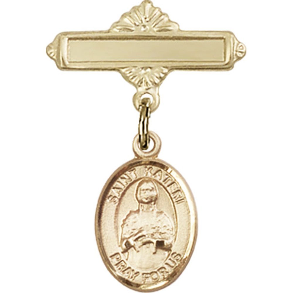St. Kateri Gold Filled Baby Badge Charm - 1 X 5/8 Inch Polished Pin for Baptism, Christening & First Communion Gifts - Religious Jewelry for Newborns & Infants