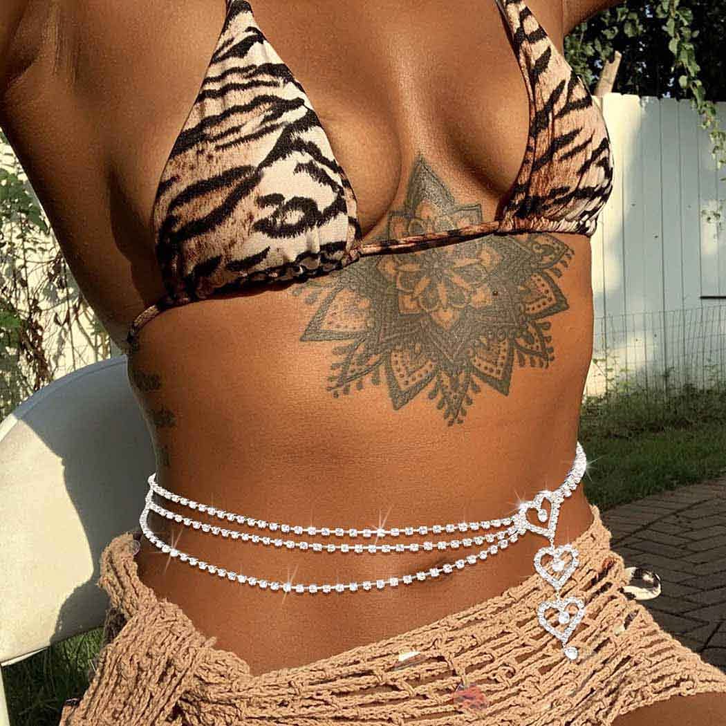 Silver Rhinestone Heart Belly Chain for Women - Elegant Body Jewelry for Parties, Beach & Festivals | Waist Belly Chain Body Jewelry