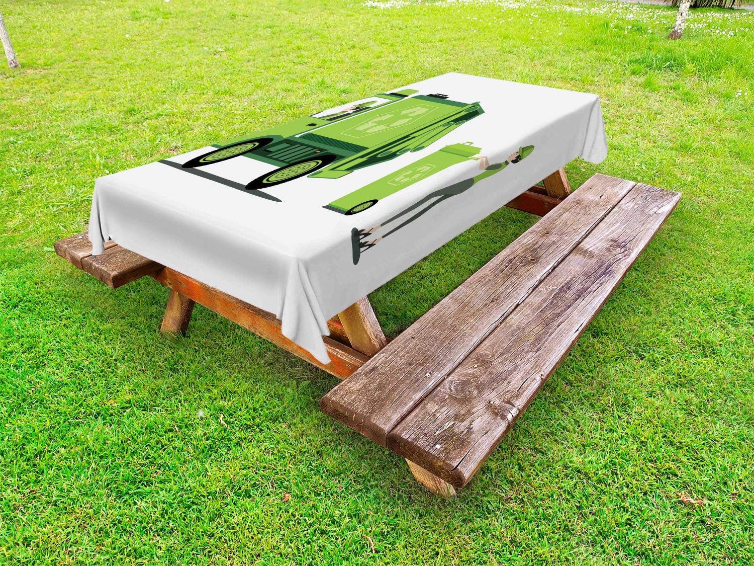 Ambesonne Garbage Truck Themed Washable Picnic Tablecloth - 58x84 Inch Apple Green & White Outdoor Dining Decor - Perfect for Picnics, BBQs, and Recycling-Themed Parties