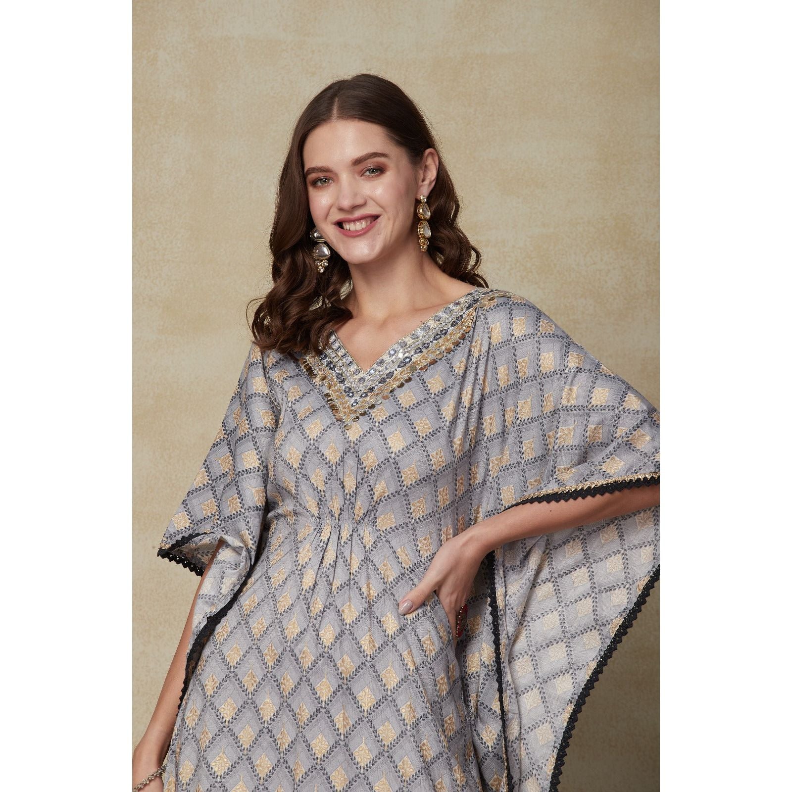 Elegant Grey Kaftan Dress for Women - Flowy Maxi Dress with Long Sleeves - Perfect for Beach Cover Up, Vacation, Boho Chic Outfits & Summer Fashion