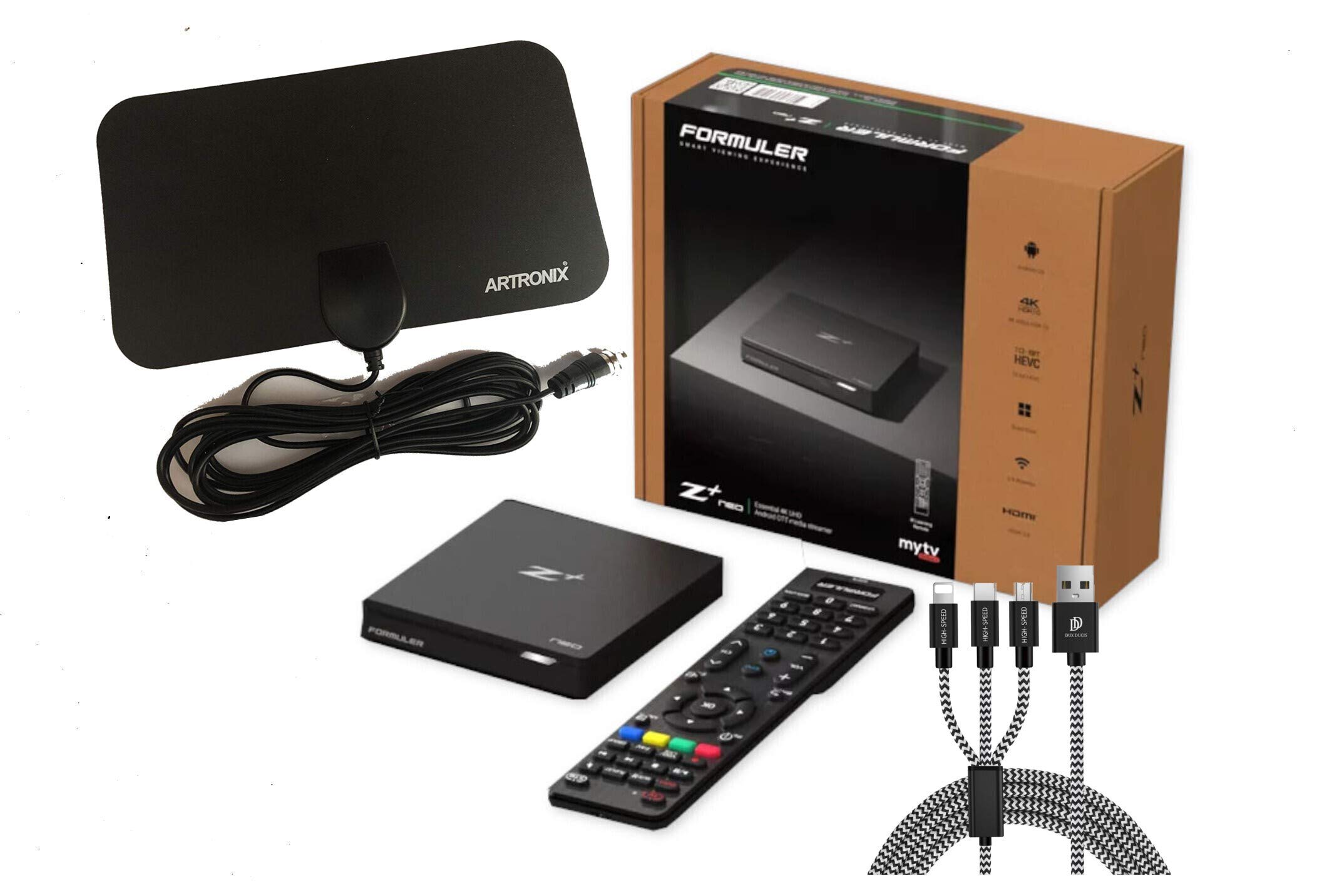 Formuler Z+ Plus Neo - Affordable Android TV Box with WiFi, MYTVOnline 2 App | Includes Free Indoor HDTV Antenna & 3-in-1 Phone Charger | Perfect for Streaming, Gaming & Home Entertainment