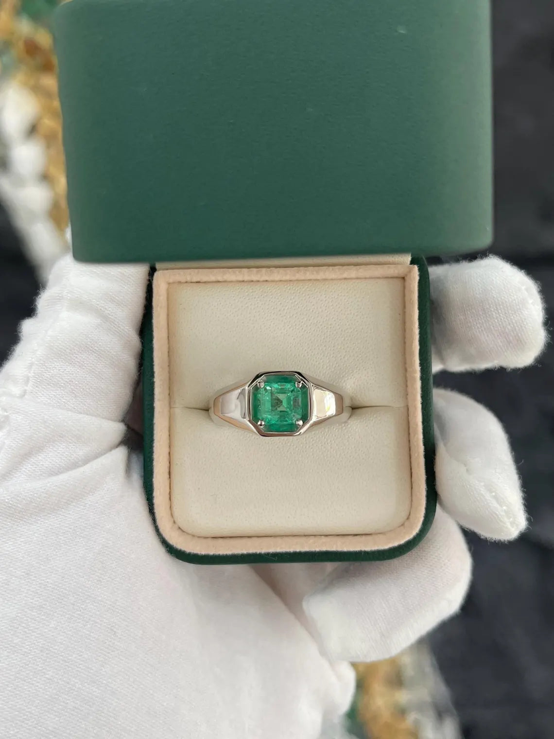 1.90ct Natural Colombian Emerald Asscher Cut Solitaire Men's Ring - 14K Gold Wedding Band, Anniversary Gift for Him, Handmade Fine Jewelry for Special Occasions