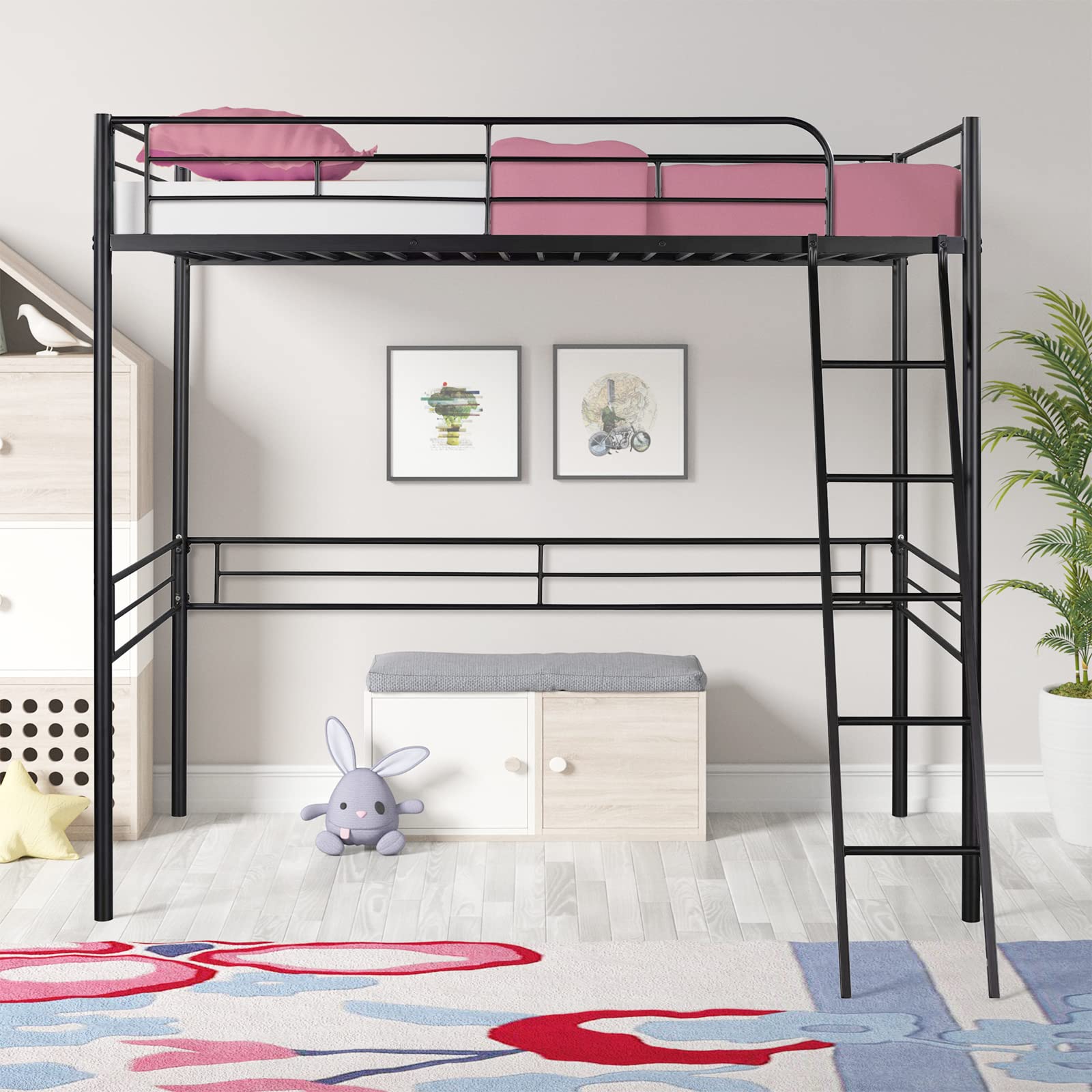 Twin Size Metal Loft Bed with Guardrail & Ladder - Industrial Space Saving Loft Bed Frame for Kids, Teens & Adults - Perfect for Small Bedrooms, Dorms & Studio Apartments (Black)