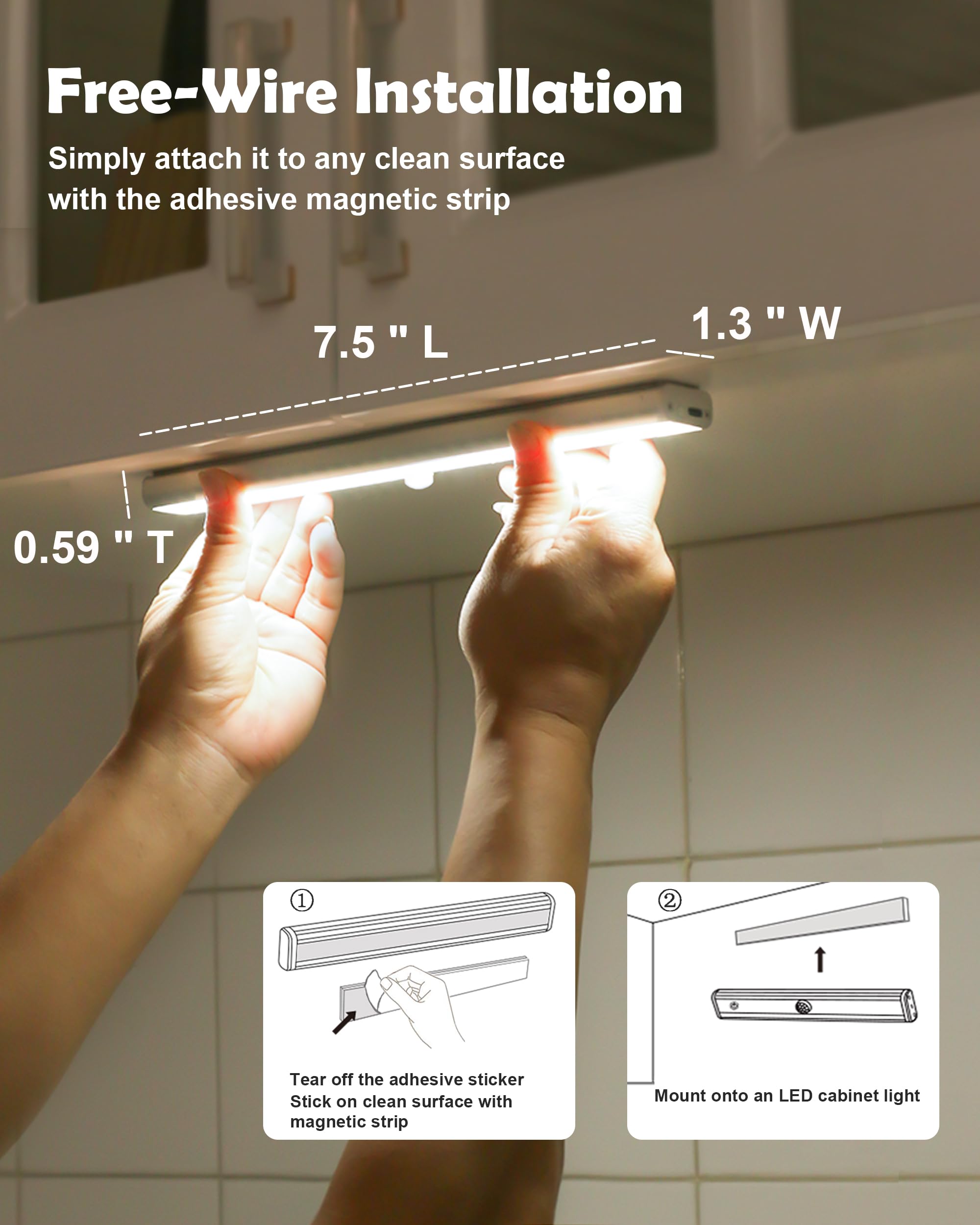 Rechargeable 20-LED Under Cabinet Lighting with Remote - 3 Color Adjustable Kitchen Counter Lights & Closet Light Bar | Perfect for Kitchen Workspaces, Pantry Shelves, and Wardrobe Lighting