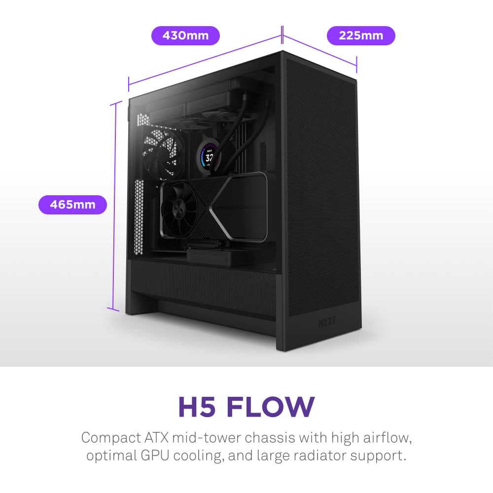 NZXT H5 Flow 2024 Compact ATX Mid-Tower PC Gaming Case - High Airflow Design with 2 x 120mm Fans - Supports 360mm Front & 240mm Top Radiators - Advanced Cable Management & Tempered Glass Side Panel - Sleek Black Finish - Perfect for Gaming Rigs, Streaming Setups, and Custom Water Cooling Builds