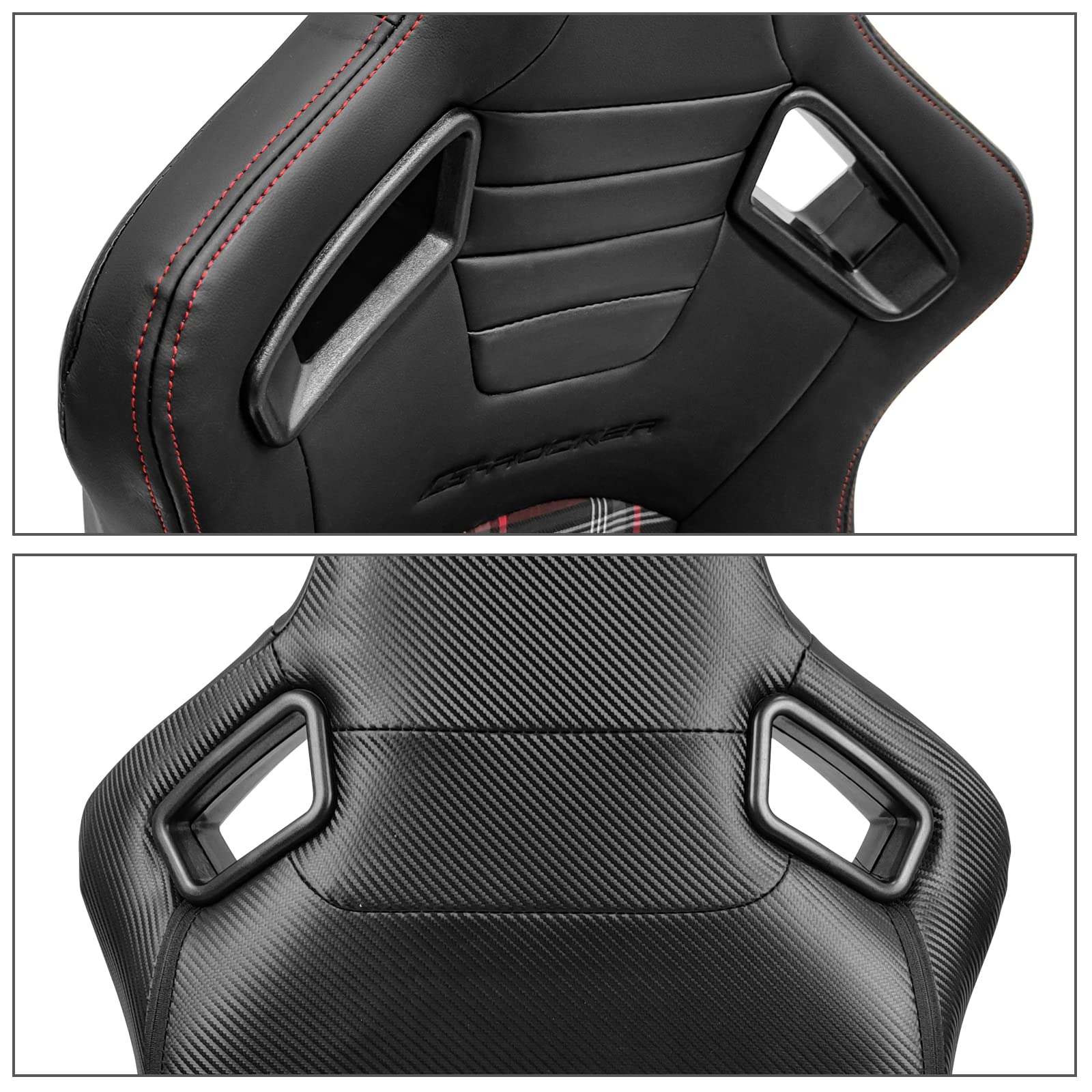 FREEMOTOR802 Universal Racing Seats - Reclinable Sport Seats with Dual Lock Sliders, Adjustable Bucket Seats (Driver & Passenger) - PU Leather + Plaid Fabric + Carbon Fiber - Black & Red Plaid - Perfect for Car Racing, Drifting & Street Performance