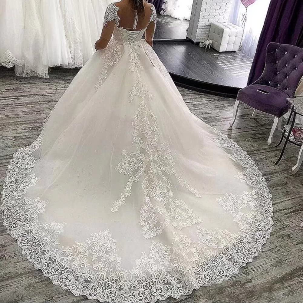 Elegant TRHTX Women's Scoop Neck Lace Wedding Dress with Train & 3/4 Sleeves - Romantic Ball Gown for Bride, Bridal Shower, Vow Renewal & Formal Occasions