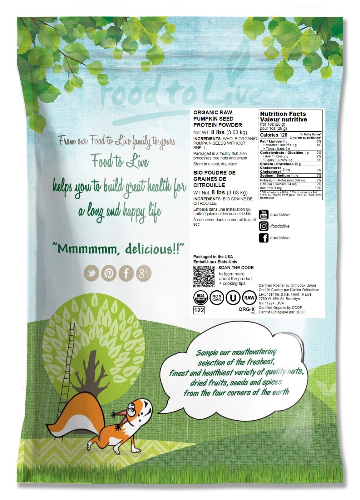 Organic Pumpkin Seed Protein Powder by Food to Live - 8 lbs, 60% Protein, Non-GMO, Vegan, Kosher, Non-Irradiated | Pure Flour for Baking, Smoothies, Protein Shakes & Healthy Recipes | Plant-Based Superfood for Athletes & Fitness Enthusiasts