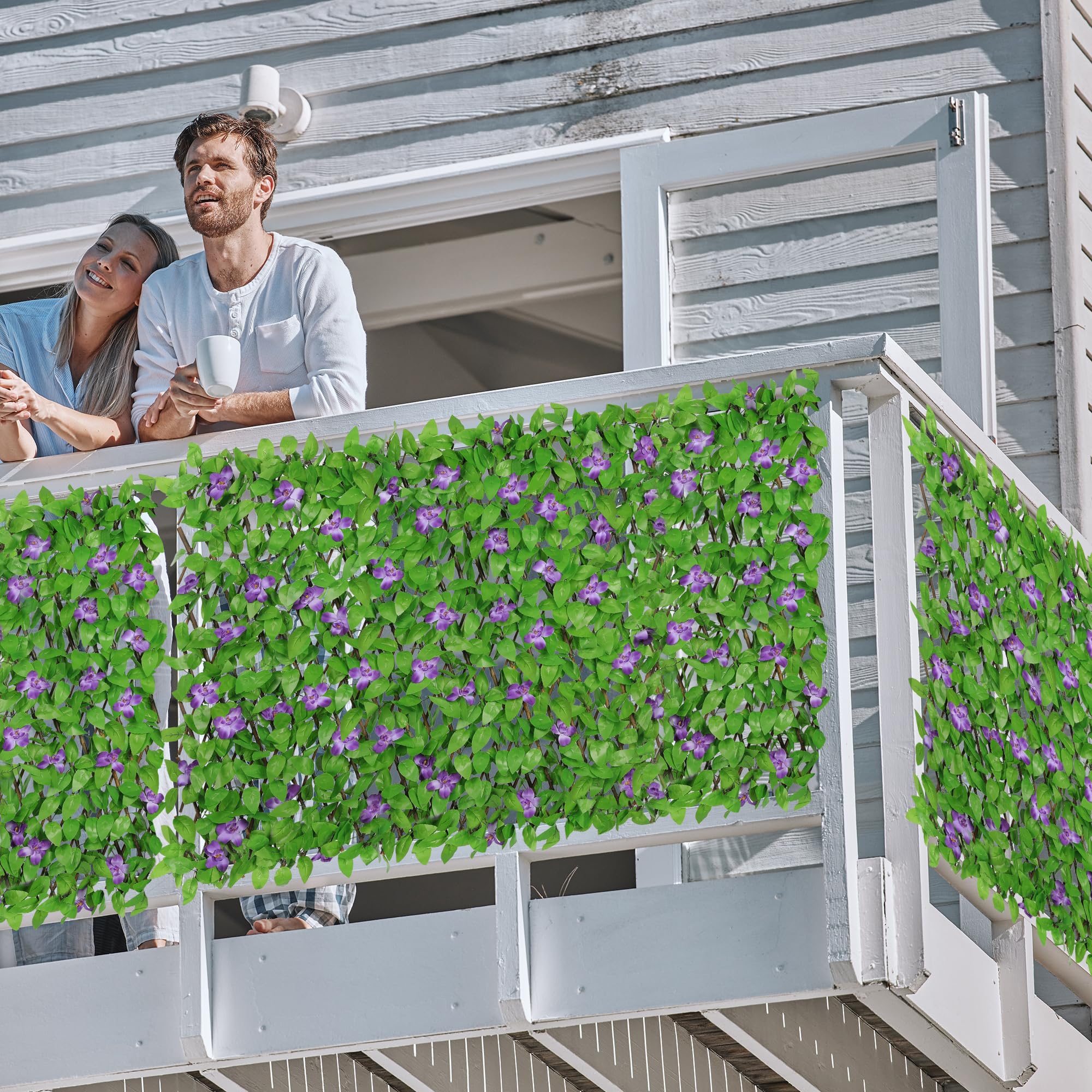 4 Pack Expandable Fence Privacy Screen - Decorative Artificial Ivy Greenery Fencing Panel with Purple Flowers for Balcony, Patio, Yard (Single Sided Leaves) | Outdoor Privacy Solution, Garden Decor, Backyard Screening