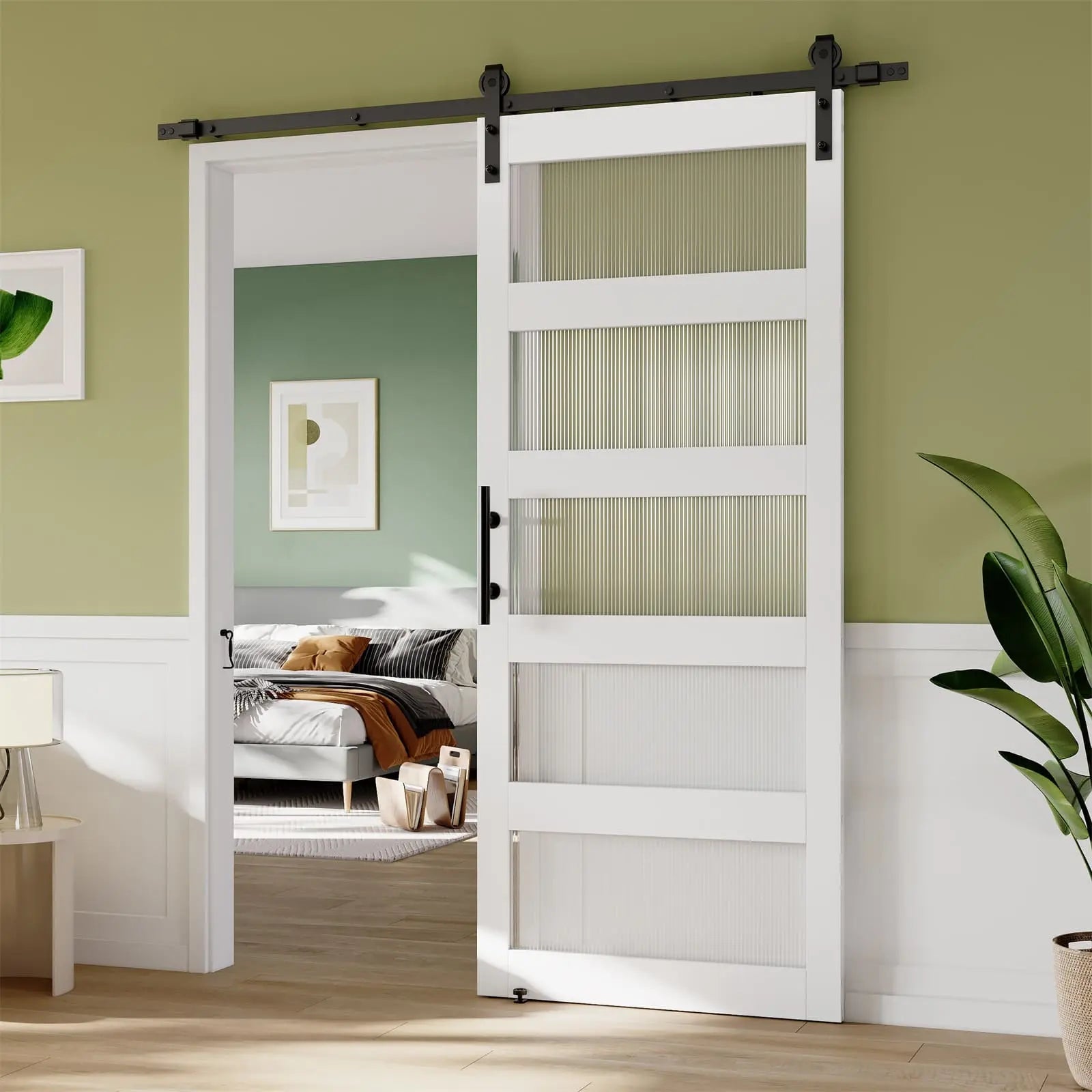 Bestier 36Inch x 84Inch Fluted Glass Barn Door - Modern Sliding Barn Door for Bedroom, Closet, or Bathroom - Frosted Glass Privacy with Smooth Gliding Hardware