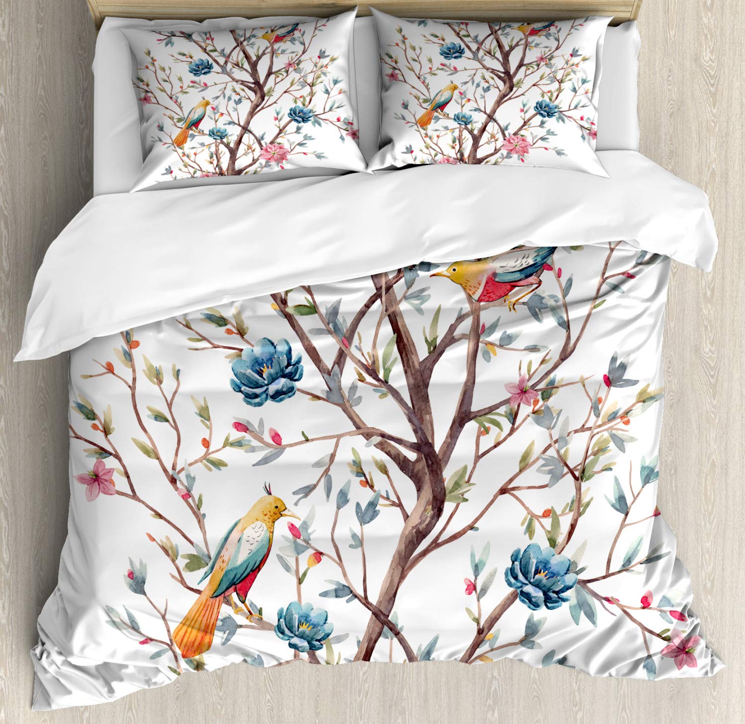 Ambesonne Watercolor Forest Duvet Cover Set - Queen Size 3-Piece Bedding with Tree, Birds & Flowers Design in Warm Taupe Multicolor | Soft & Breathable for Cozy Bedroom Decor