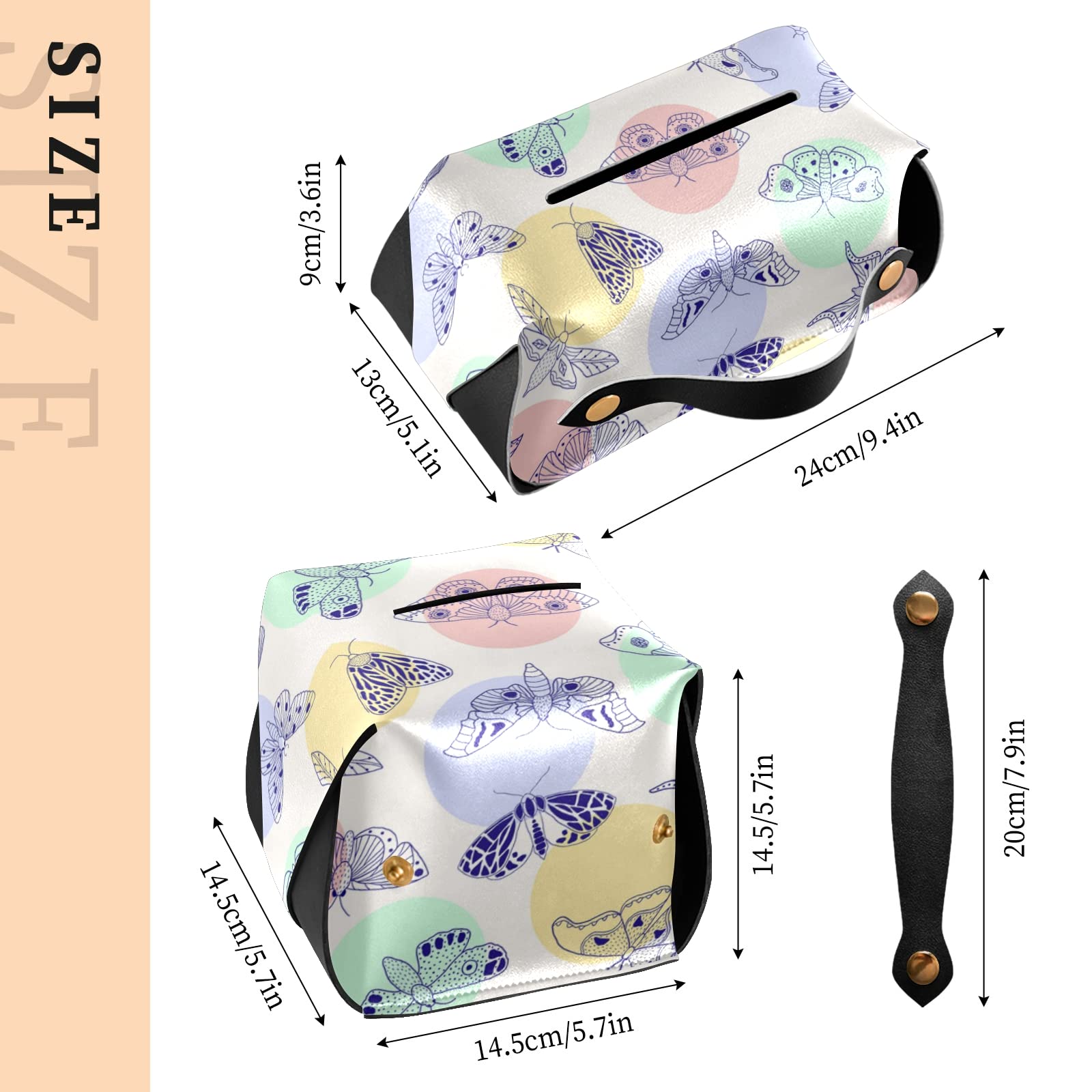 Butterfly Moth Pattern PU Leather Tissue Box Cover with Handle - Decorative Rectangular Tissue Holder for Bedroom, Bathroom, Living Room | Home Decor & Gift Idea