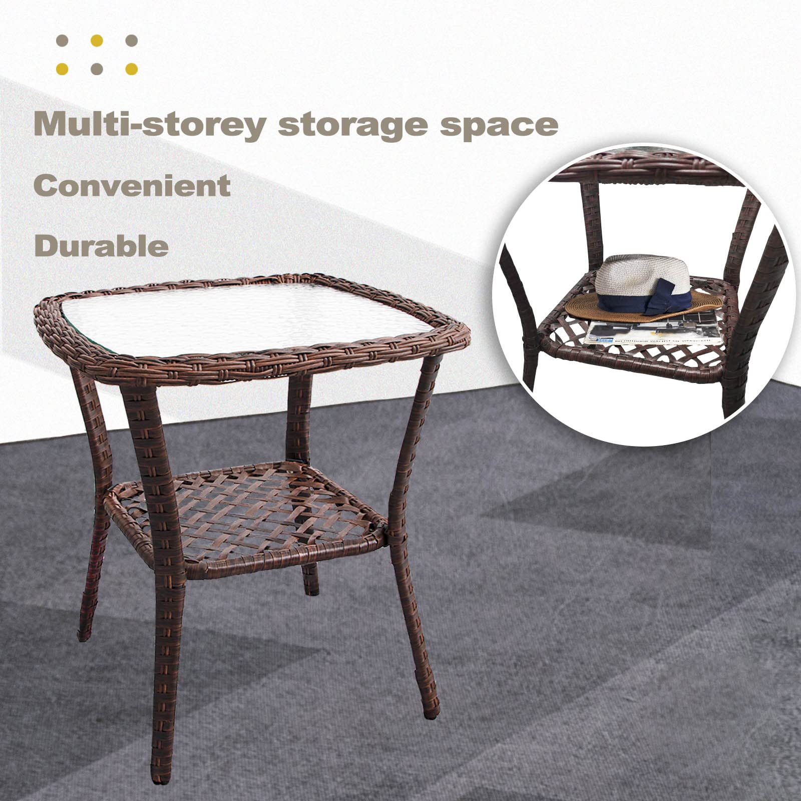 DIMAR GARDEN Outdoor Wicker Side Table with Glass Top and Storage Shelf - Brown Patio Coffee Table for Garden, Balcony & Poolside Decor