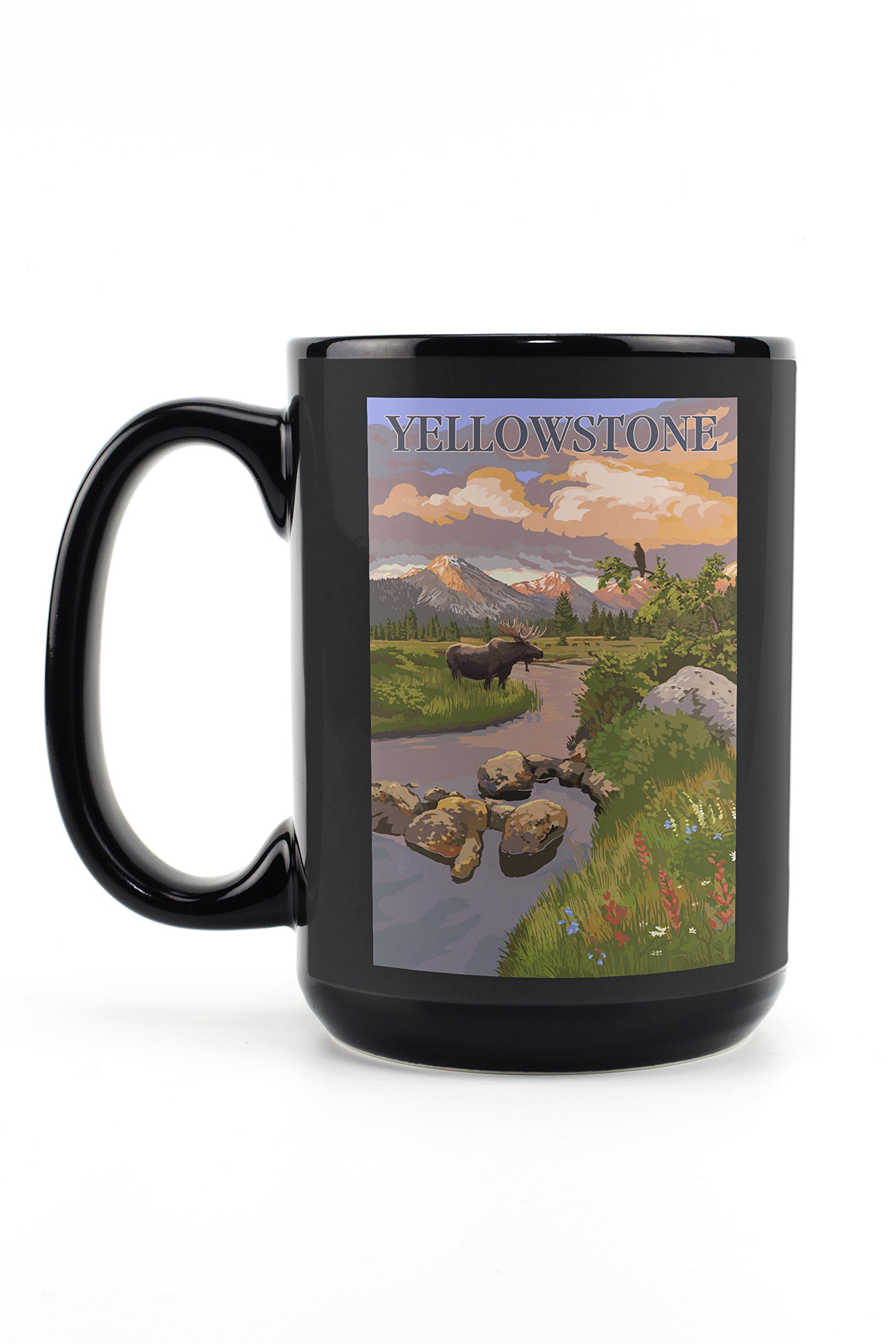 Yellowstone National Park Moose & Mountain Stream Sunset Design - 15oz Black Ceramic Coffee Mug & Tea Cup | Dishwasher & Microwave Safe | Perfect for Camping, Office & Home Use