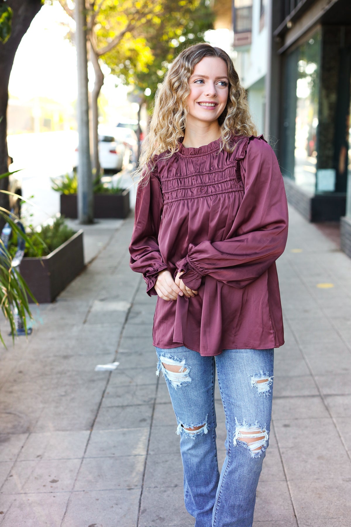 Stylish Wine Satin Shirred Yoke Frilled Mock Neck Top for Women | Elegant Blouse for Date Night, Parties & Special Occasions