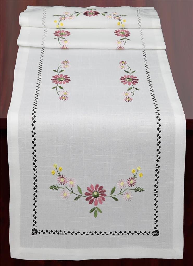 Premium White Hemstitched Embroidered Daisy Flower Table Runner 15x70 - Elegant Rectangular Dresser Scarf for Dining Table Decor, Wedding Centerpiece & Home Decoration