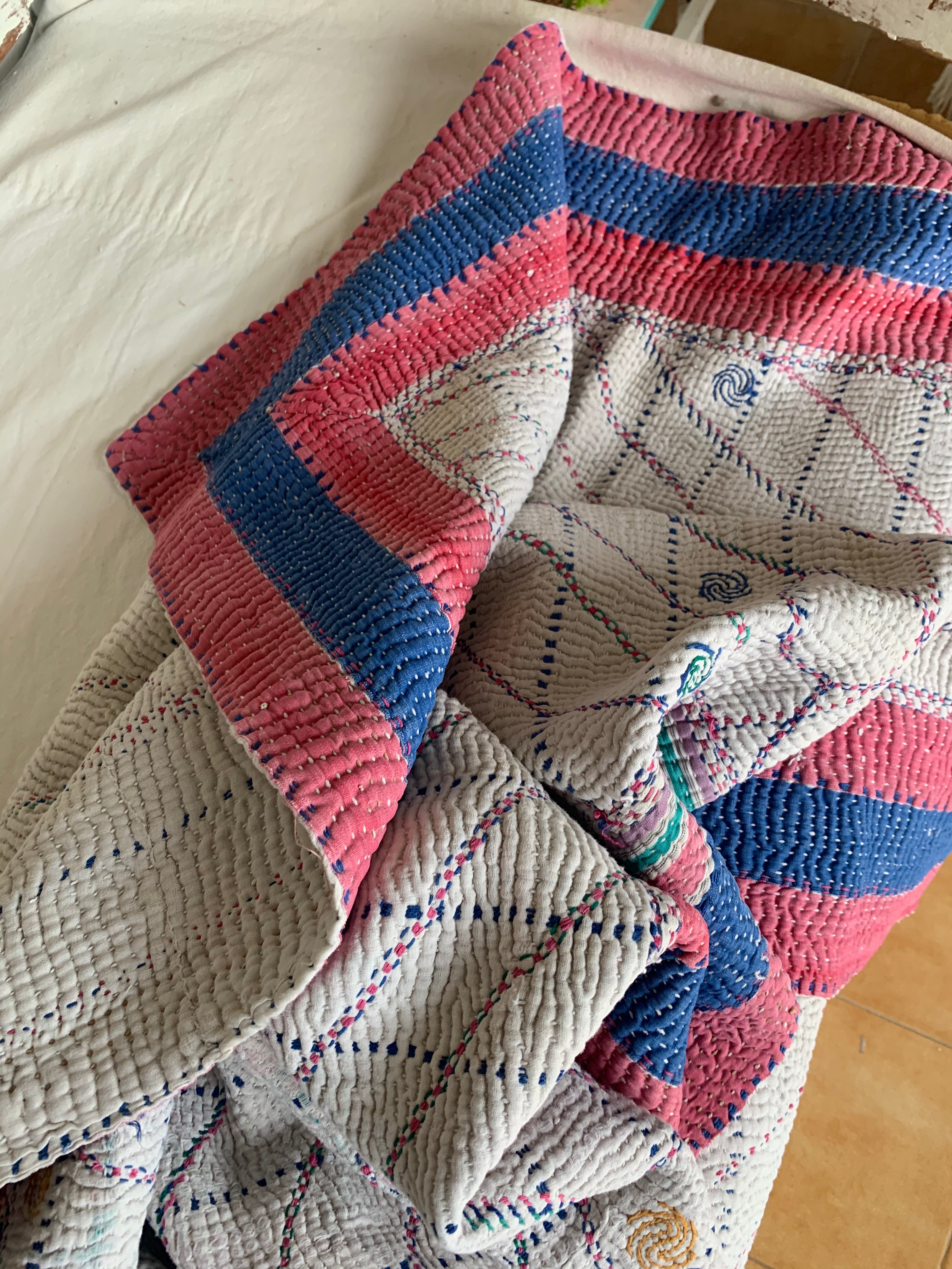 Handmade Kantha Blanket - Soft Blue & White Cotton Throw for Cozy Home Decor, Bed, Sofa & Travel