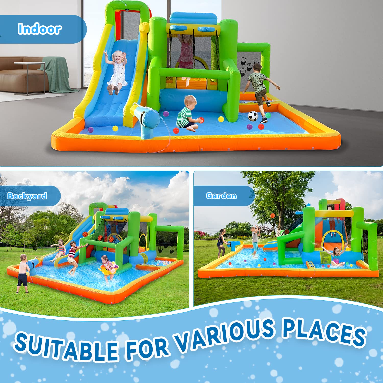 FBSPORT 9-in-1 Inflatable Bounce House Water Slide with 550W Blower - Kids Indoor/Outdoor Bouncy Castle with Ball Shooting, Water Gun, Splash Pool & Bounce Area | Perfect for Birthday Parties, Backyard Fun & Summer Water Play