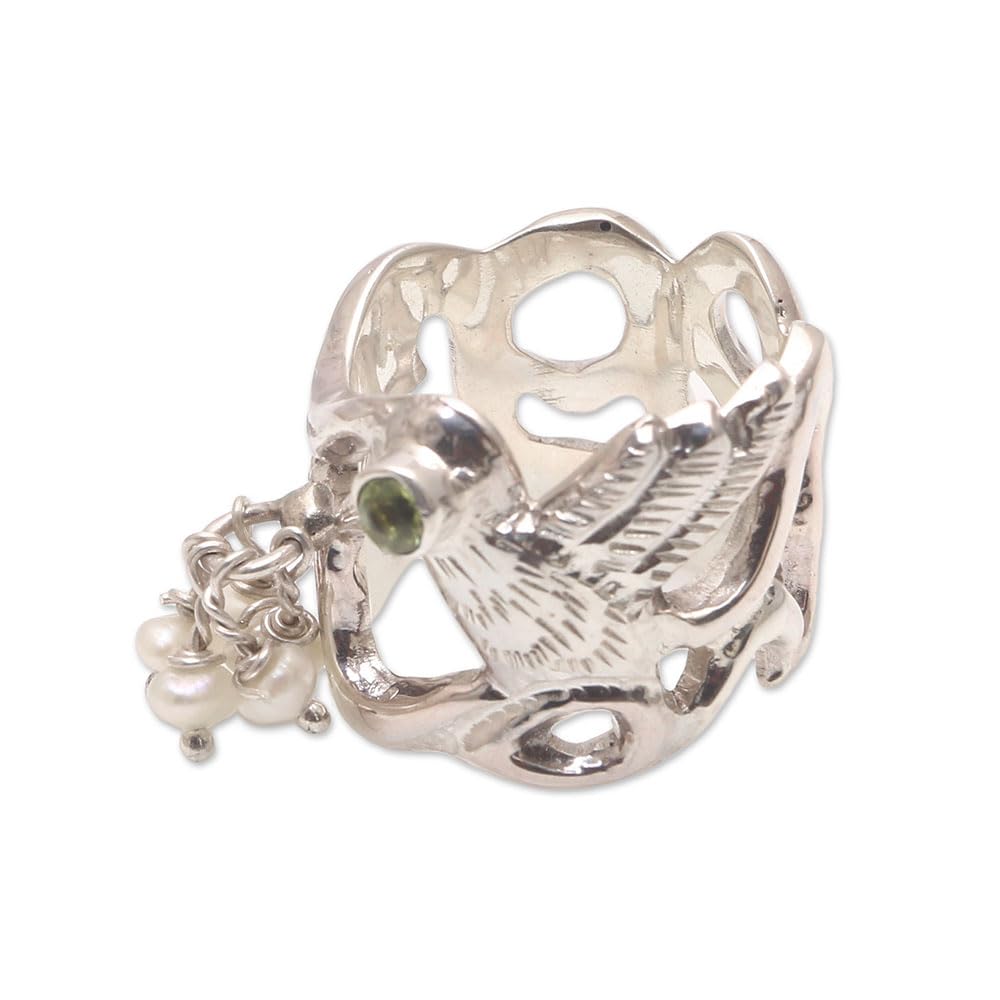 Handmade .925 Sterling Silver Cocktail Ring with Cultured Freshwater Pearl & Peridot Gemstone - Bird Charm Cluster Jewelry, Indonesian Artisan Crafted, Birthstone Gift for Women | Perfect for Parties, Weddings & Special Occasions