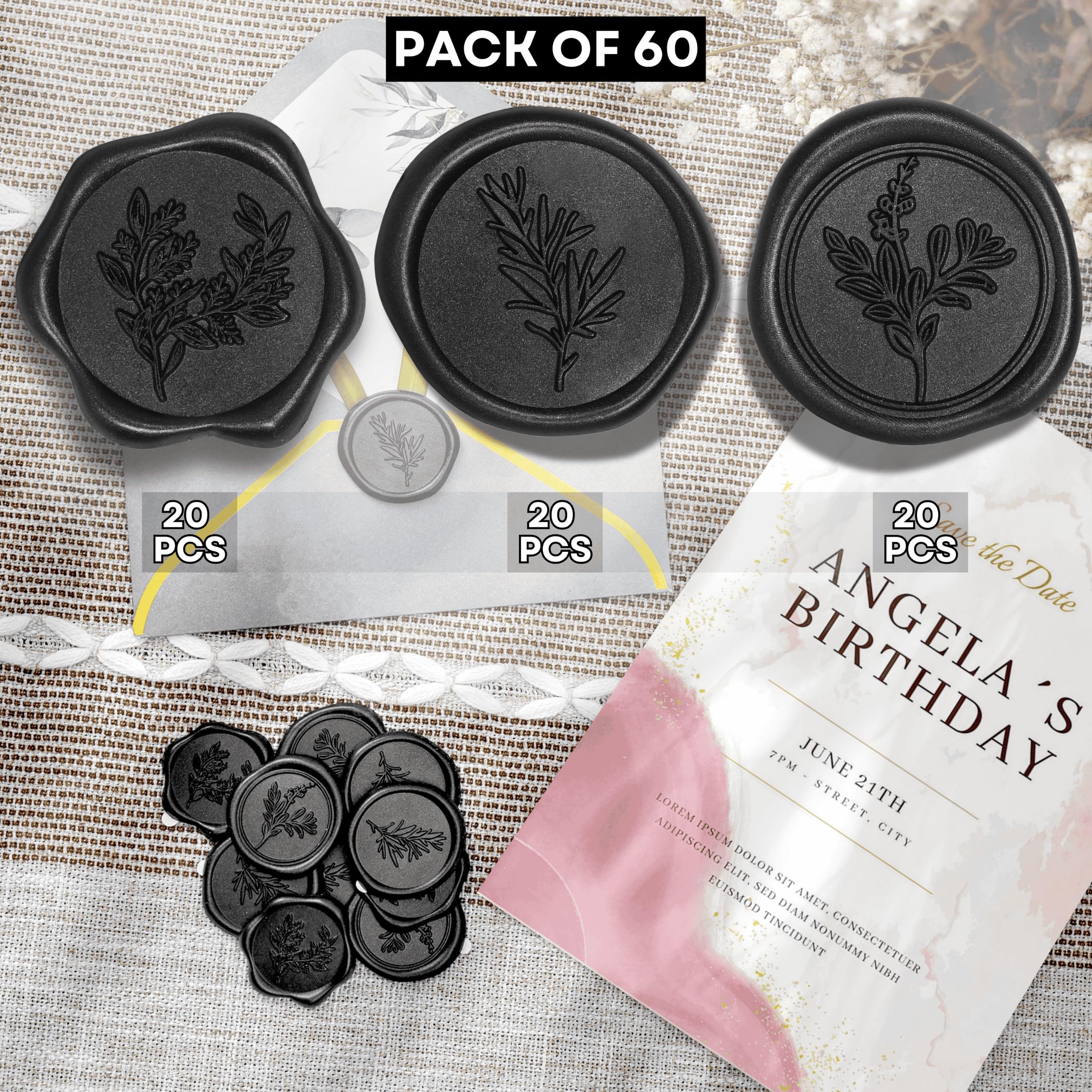 60 Pcs Black Wax Seal Stickers for Wedding Invitations & Envelopes - 3 Elegant Designs in 1 Pack - Premium Scrapbooking & Christmas Seals for DIY Crafts, Gift Wrapping & Stationery Decor