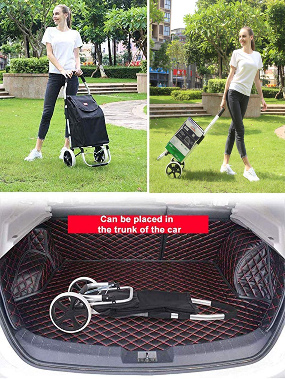 Collapsible Folding Wagon Cart - Heavy Duty 2-Wheel Shopping Trolley with Removable Waterproof Grocery Bag | Foldable Compact Design for Grocery Shopping, Beach Trips, Camping & Outdoor Activities