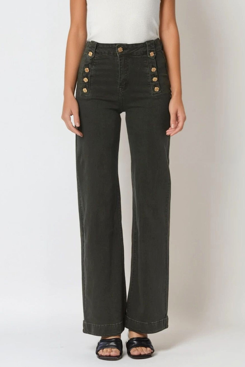 Women's High Waist Straight Leg Jeans with Gold Side Buttons in Khaki - Perfect for Casual Outings, Office Wear & Date Nights