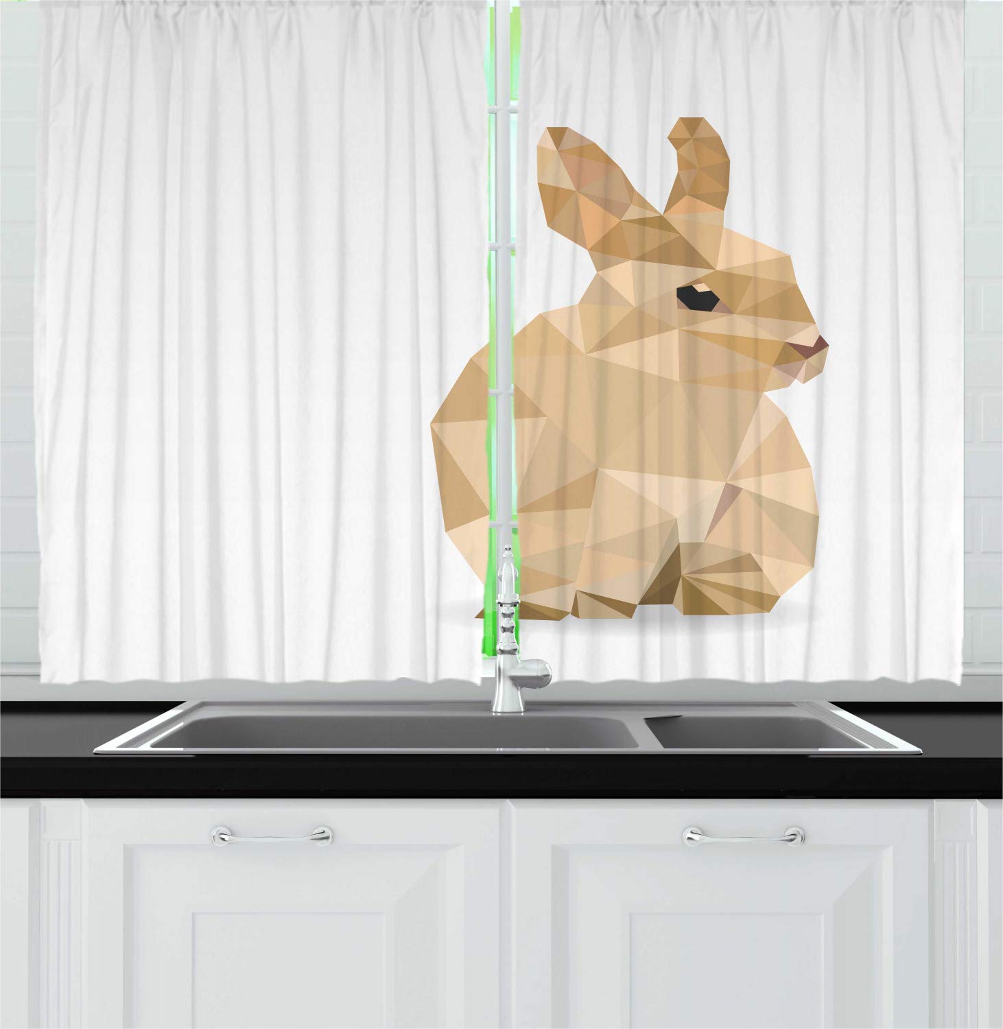 Ambesonne Rabbit Kitchen Curtains Set of 2 Panels - Modern Abstract Hare Design with Geometric Patterns & Chinese Zodiac Theme - 55