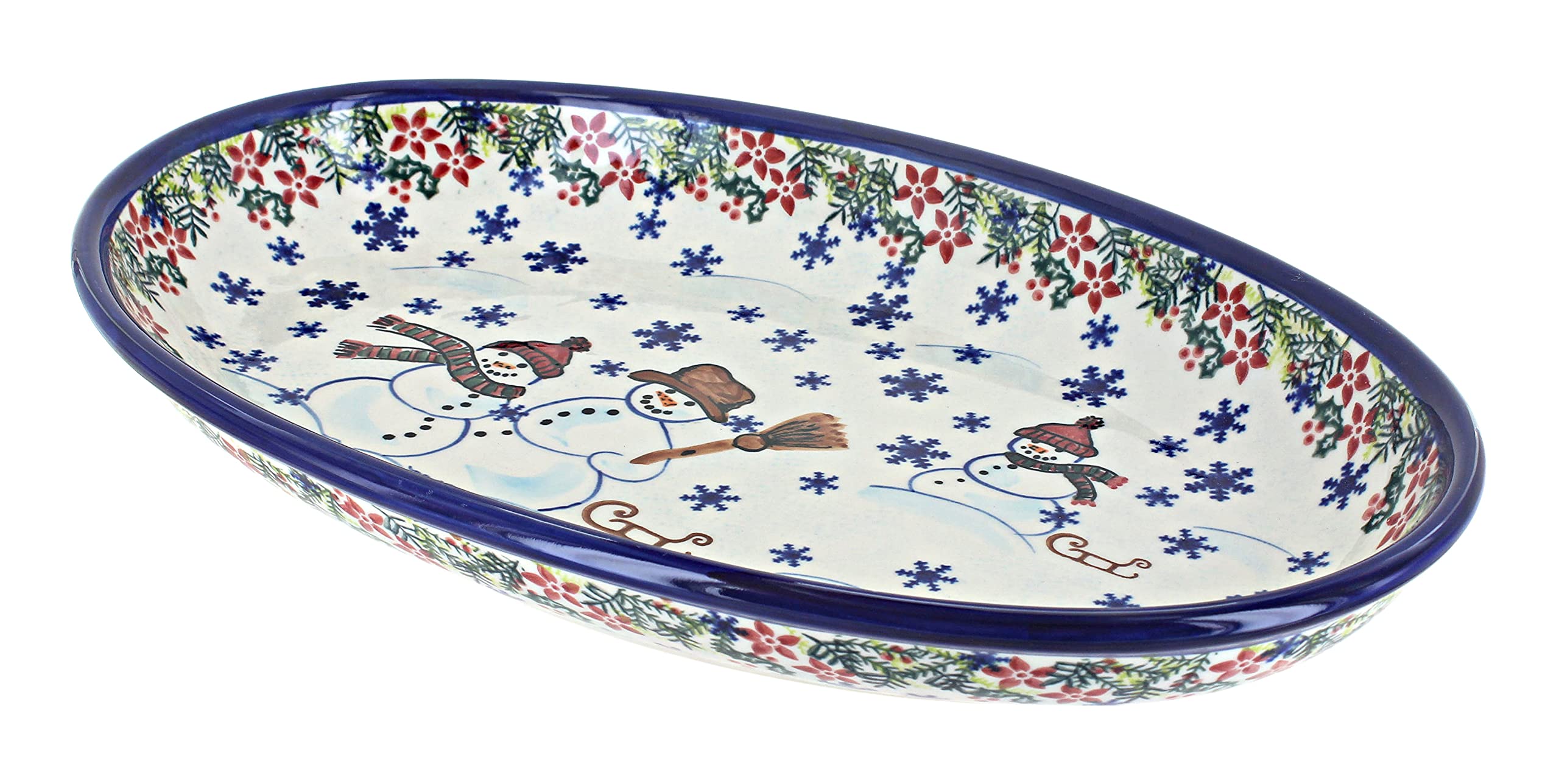 Blue Rose Polish Pottery Snowflake Friends Oval Platter - Handmade Ceramic Serving Dish for Holiday Parties, Christmas Decor & Elegant Dining