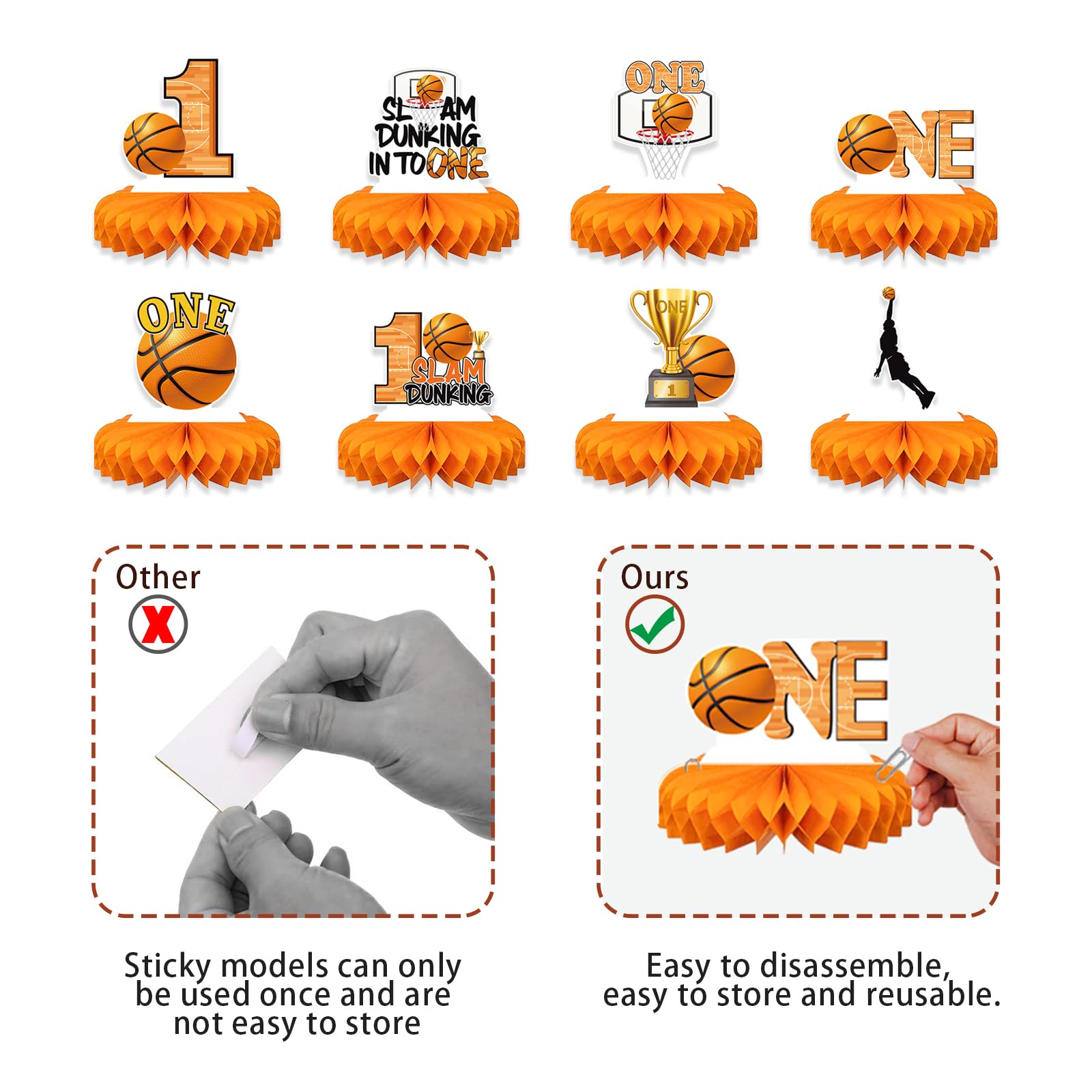 8Pcs Basketball 1st Birthday Decorations - Reusable Centerpieces for Boys' Sports Themed Party