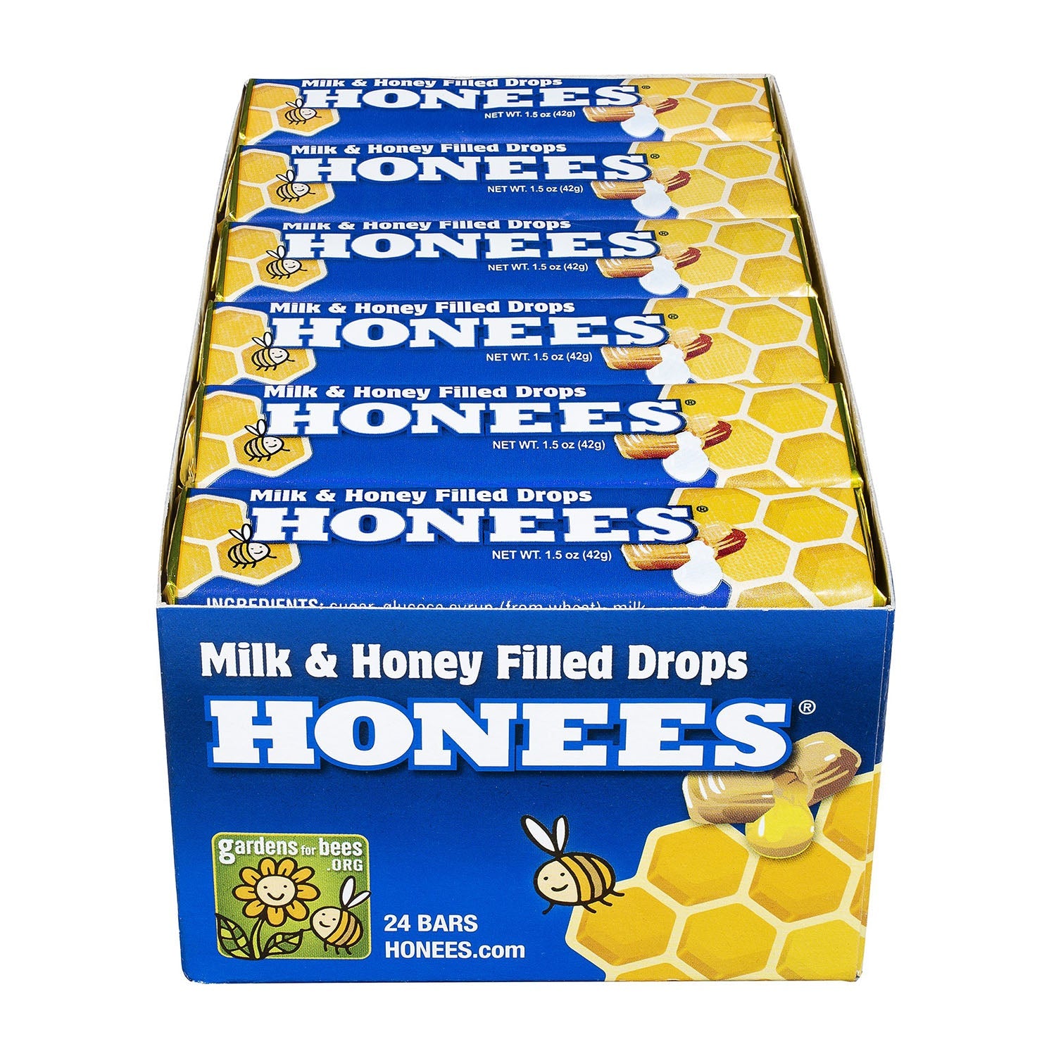 Honees Milk & Honey Filled Drops Bar - 1.5oz (24 Count) - Natural Throat Soothing Candy for Cough Relief - Perfect for Travel, Office & Home Use