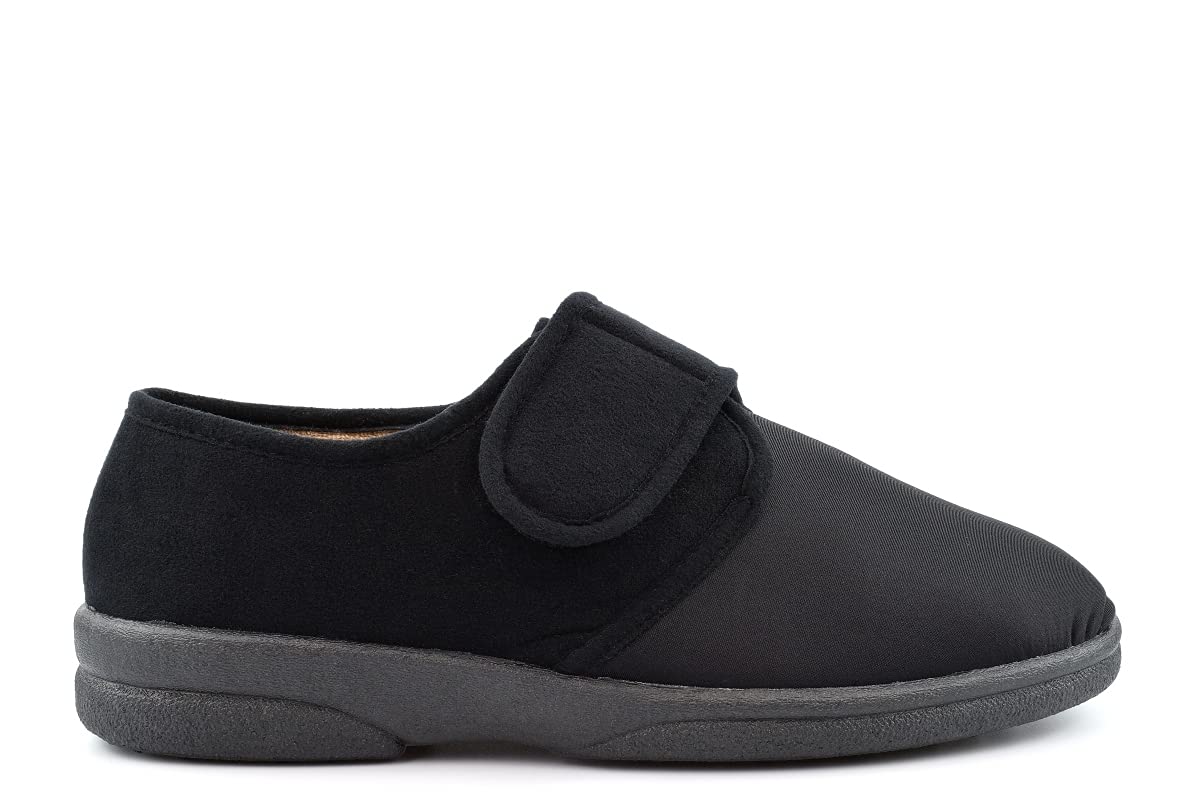 Men's Extra Wide Fit Slippers EEEE Width 4E - Size 6 to 13 - Touch Fastening Washable Black Slippers for Comfortable Indoor and Outdoor Use