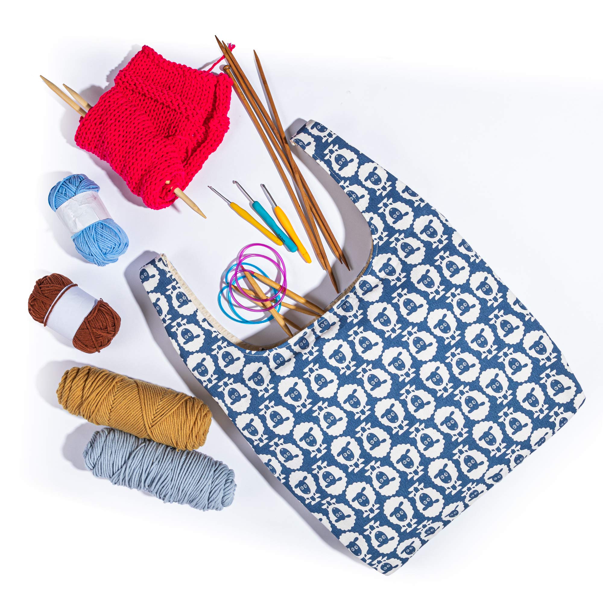 YARWO Knitting Yarn Storage Tote Bag - Patented Design Organizer for Knitting Needles, Crochet Hooks & Craft Supplies - Perfect for Knitters & Crocheters (Sheep Pattern) | Great for Travel, Home Crafting & Yarn Projects