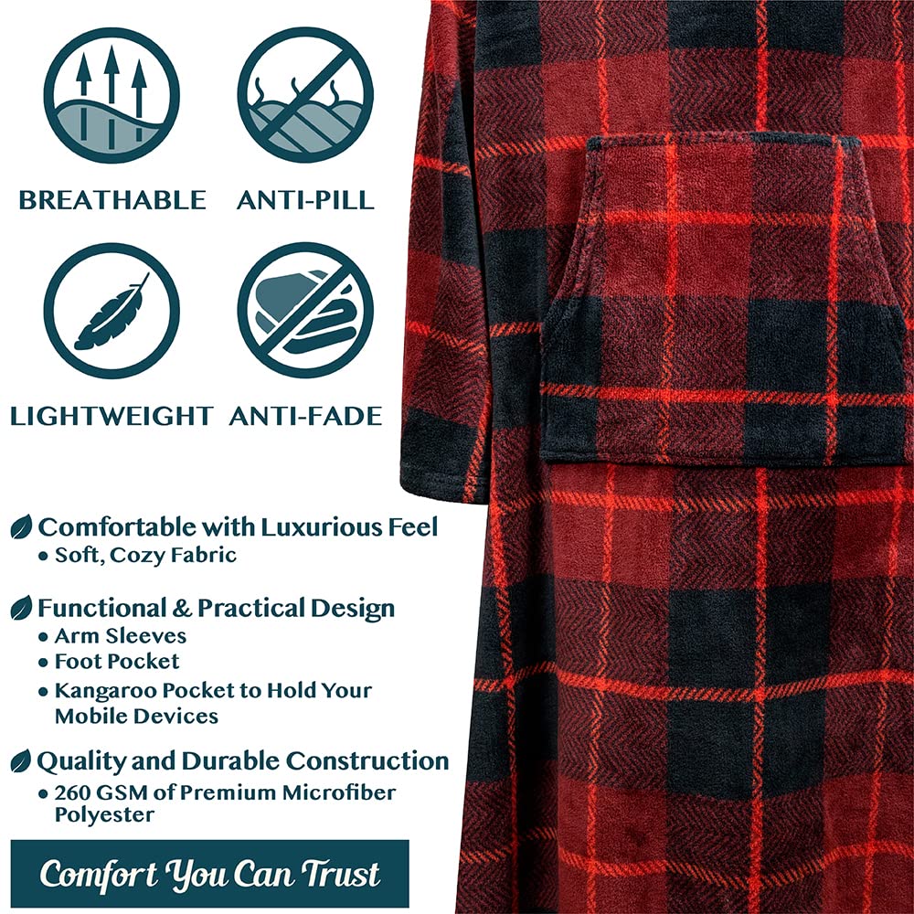 PAVILIA Fleece Blanket with Sleeves & Foot Pockets - Wearable Blanket for Women & Men - Soft Plush Throw Wrap - Warm Snuggle Robe Blanket - Cozy Gift for Wife or Mom (Plaid Red) - Perfect for Movie Nights, Camping & Winter Relaxation