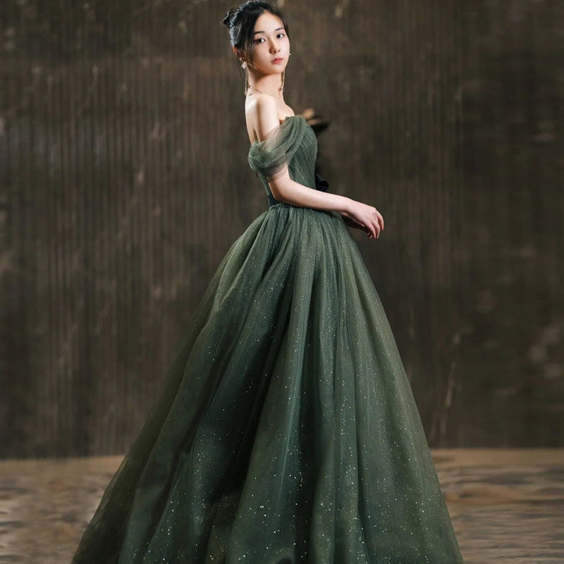 Elegant Off Shoulder Green Tulle Prom Dress - A-Line Sweet 16 Birthday Party Gown for Women | Perfect for Homecoming, Quinceañera, and Formal Events