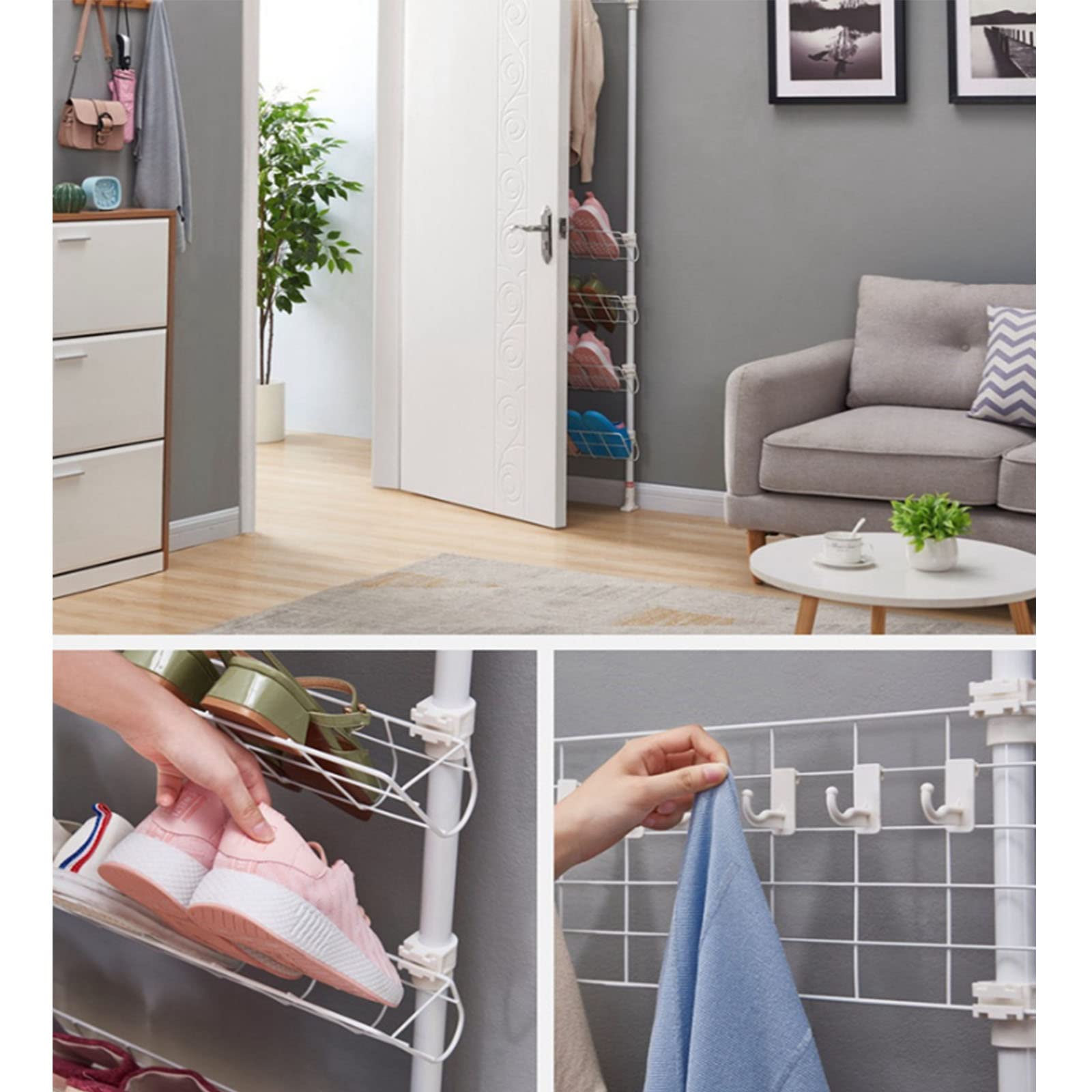 Adjustable 4-Tier Coat Rack & Shoe Organizer with 8 Hooks - 2-in-1 Metal Standing Behind Door Storage Stand for Hallway, Entryway, Foyer (White, 75cm/29.5in) - Space-Saving Solution for Small Apartments & Closet Organization
