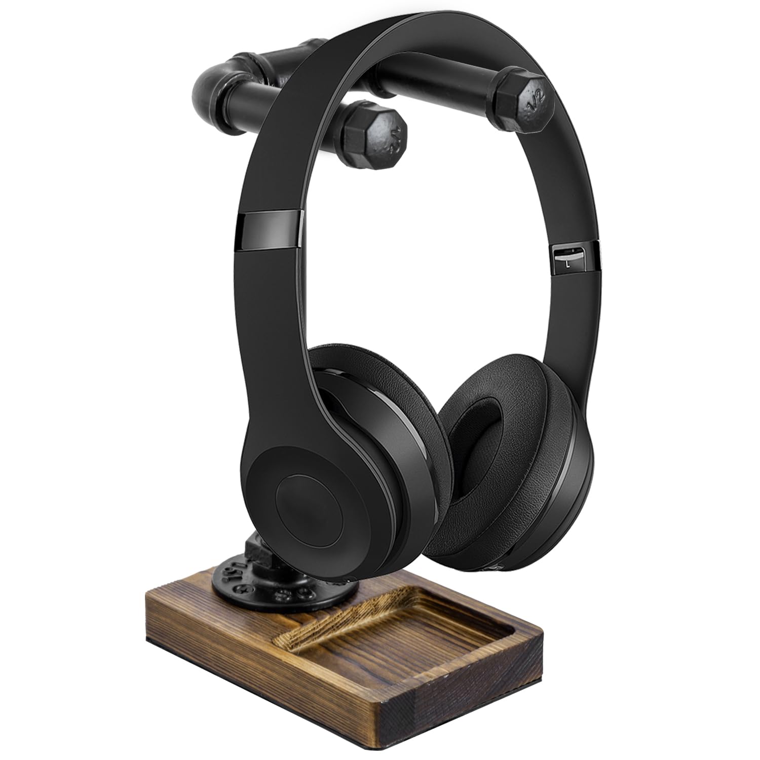 MyGift Universal Headphone Stand - Industrial Black Metal Pipe & Solid Wood Tray Desktop Headset Holder for Gaming, Office & Home Workspace Organization