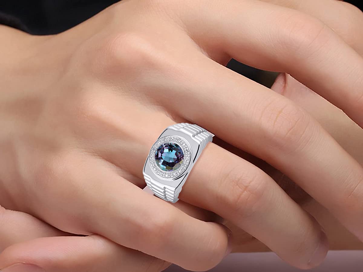 Rylos Men's Sterling Silver Rings with Round Cabochon Gemstone & Diamonds - Size 8-13, Designer Wedding Band, Anniversary Gift for Him, Perfect for Formal Events & Date Nights