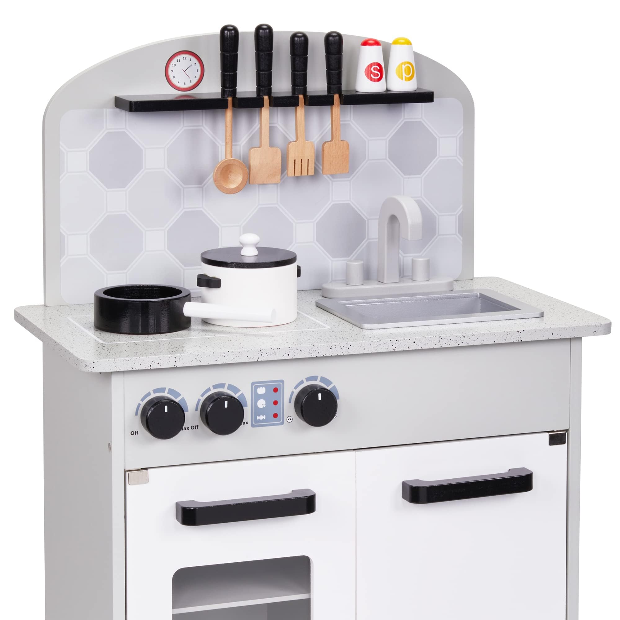 Lil' Jumbl Kids Pretend Kitchen Playset - Wooden Play Kitchen Toy with Realistic Setup, Includes Pot & Pan, 4 Utensils, Salt & Pepper Shaker (Gray) - Perfect for Imaginative Play, Role-Playing & Early Learning at Home or Preschool