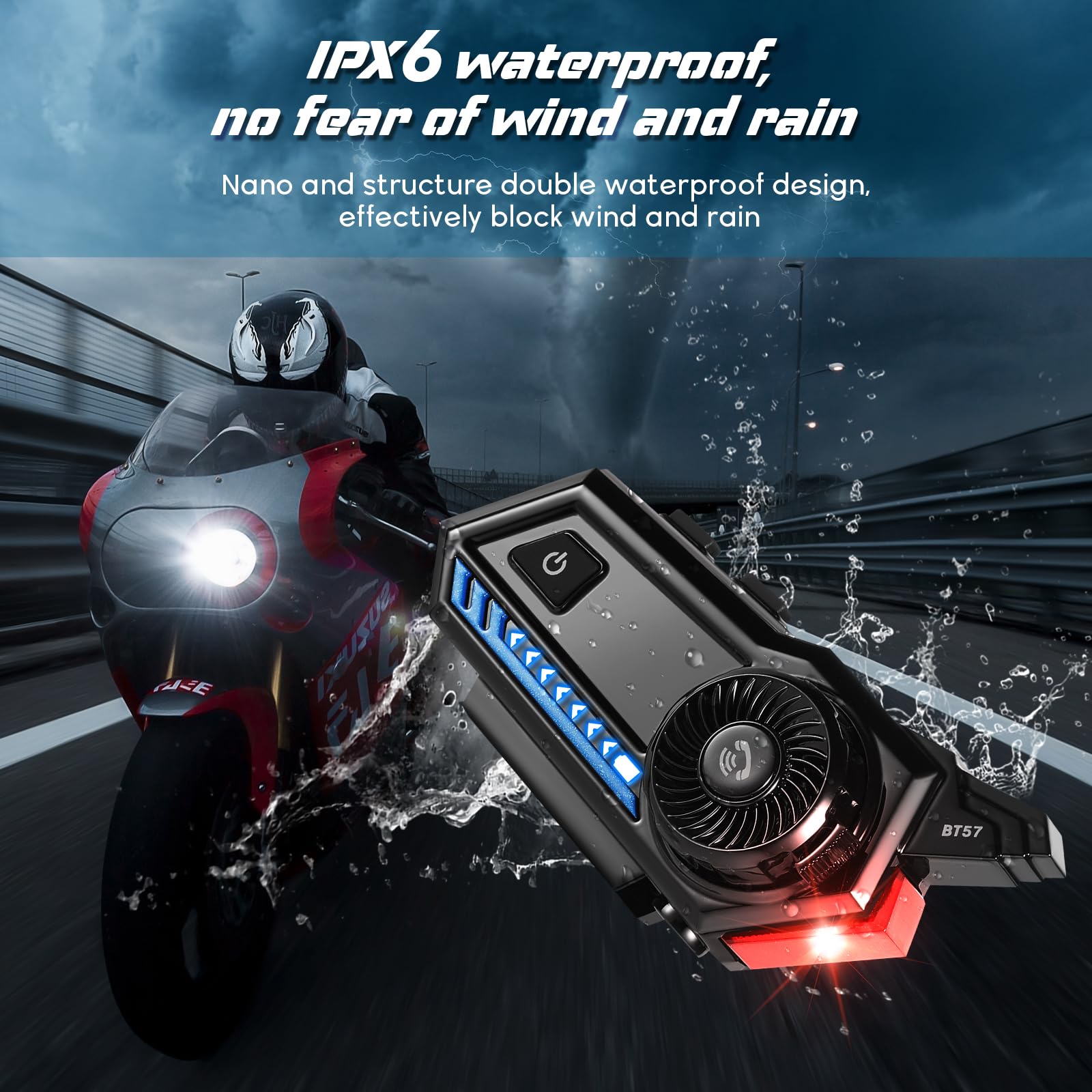 Bluetooth 5.3 Motorcycle Helmet Headset - Auto Answer, High Quality Sound with LED Tail Light for Safe Night Riding